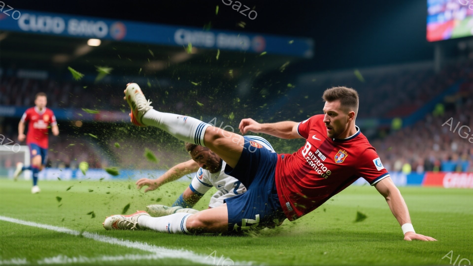 赤と青のストライプのユニフォームを着たサッカー選手が、緑の芝生の上で転倒している様子が捉えられています。選手は片足を高く上げ、体のバランスを崩しており、髪は金髪で短く、表情ははっきりとは見えません。背景には観客席が見え、明るい日差しが差し込んでおり、試合の激しい一瞬を切り取ったような活気のある雰囲気です。