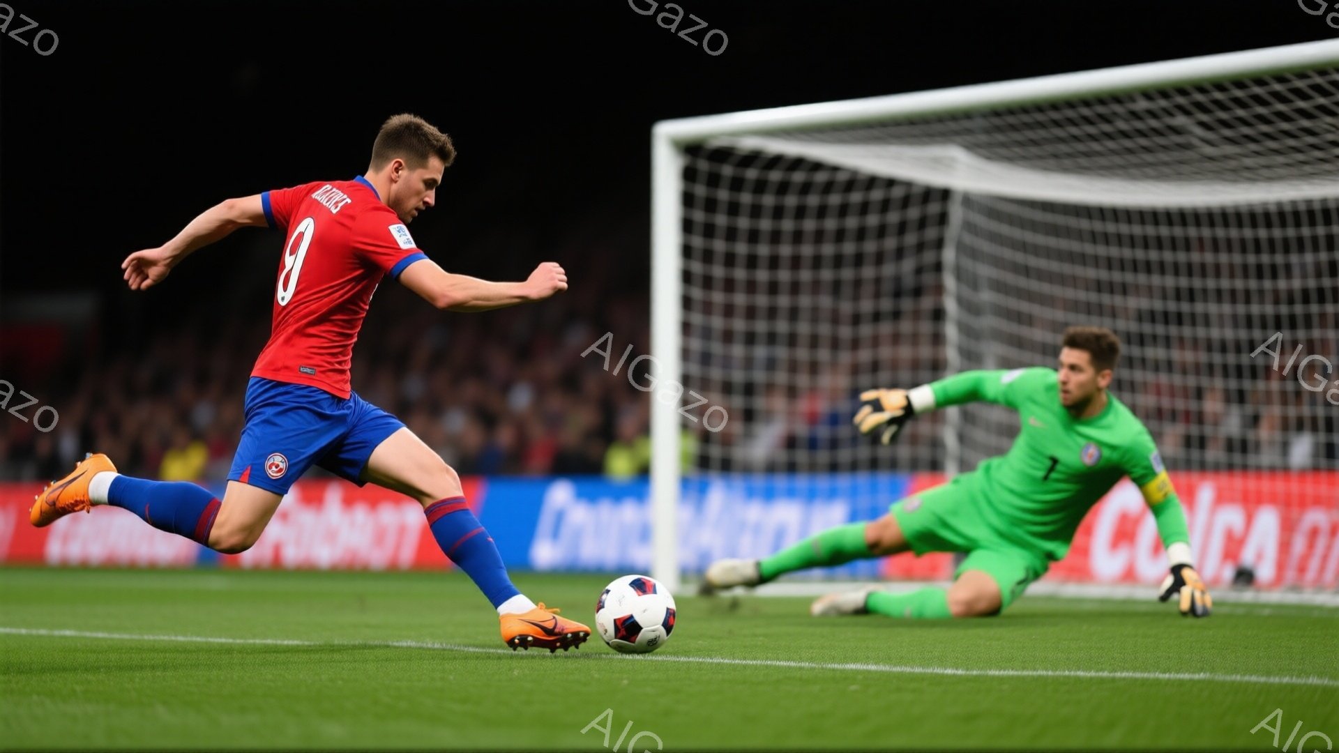 サッカーの試合中に、オレンジとネイビーのユニフォームを着た選手がボールを蹴っています。選手は足を高く上げ、力強くボールに当てようとしており、表情は真剣です。背景には観客席と緑の芝生があり、試合の緊張感 - AI生成フリー素材