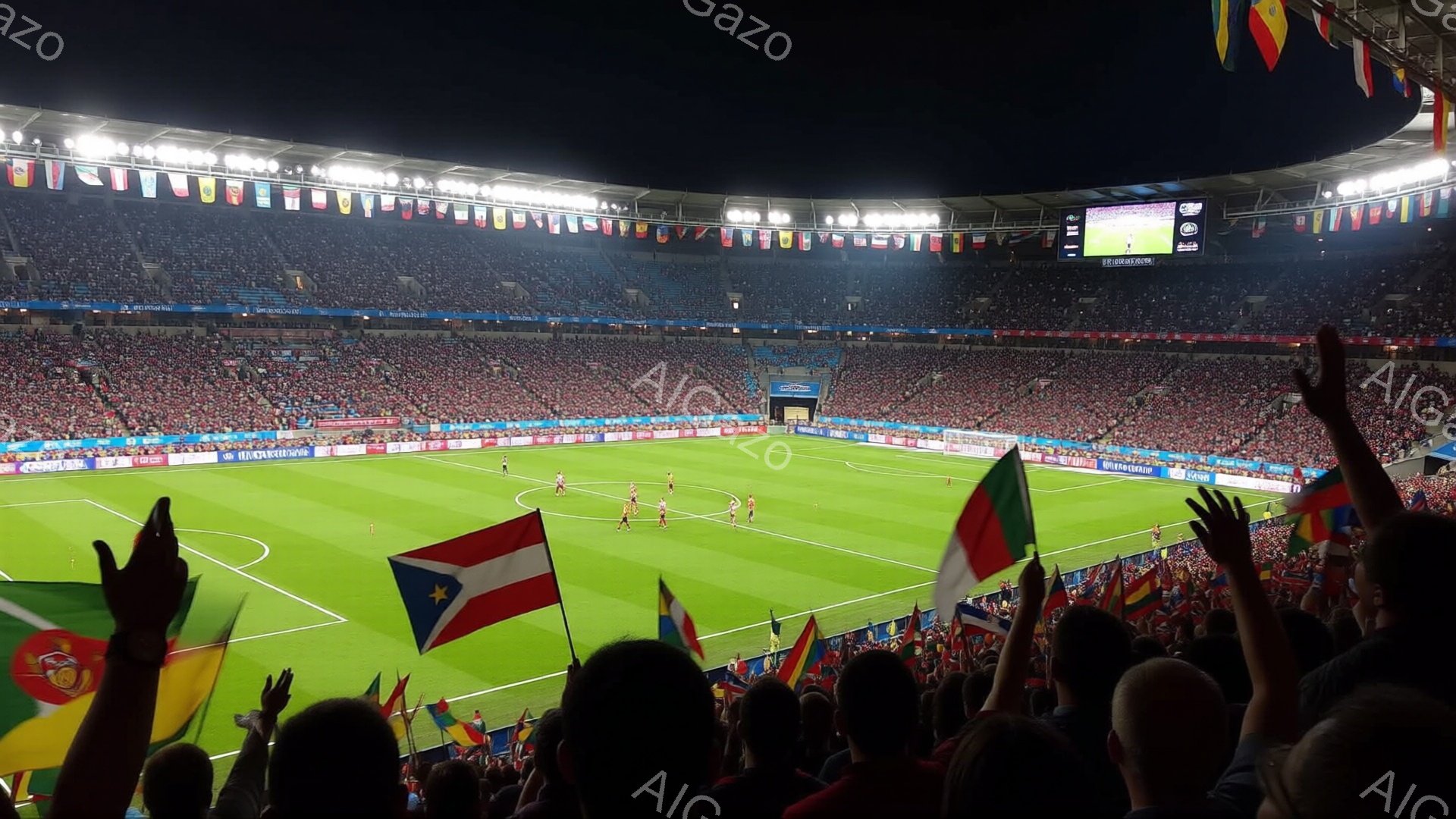観客席がいっぱいのサッカー競技場であり、多くの観客が手を上げて興奮している様子が伺える。ピッチ上では、数人の選手がボールを巡って競い合っており、試合の熱気が伝わってくる。背景には夜空が広がり、スタジアムの照明が照らし出す緑色の芝生と観客席の色彩が印象的である。