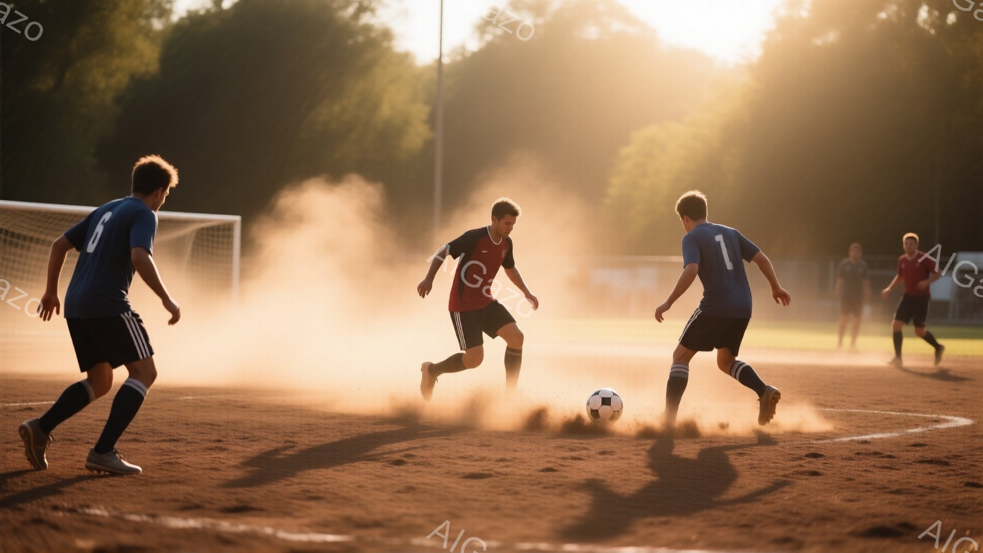 砂埃が舞うサッカー場で、赤いユニフォームの選手がボールを追いかけている様子が捉えられています。青いユニフォームの二人の選手も彼に追いつこうとしており、全員が真剣な表情でプレーに集中しています。背景には緑豊かな木々が見え、夕暮れ時の柔らかな光が競技場全体を包み込み、活気ある試合の雰囲気を醸し出しています。