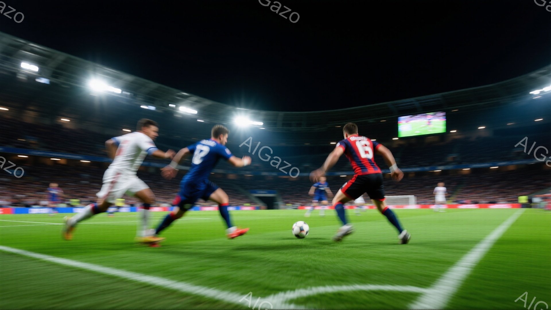 サッカーの試合中の様子で、3人の選手がボールを追いかけて走っている様子が捉えられています。選手たちはそれぞれ異なる色のユニフォームを着ており、動きの速さから試合の緊迫感が伝わってきます。背景には観客席とスタジアムの照明がぼやけて見え、夜間の試合が行われていることがわかります。