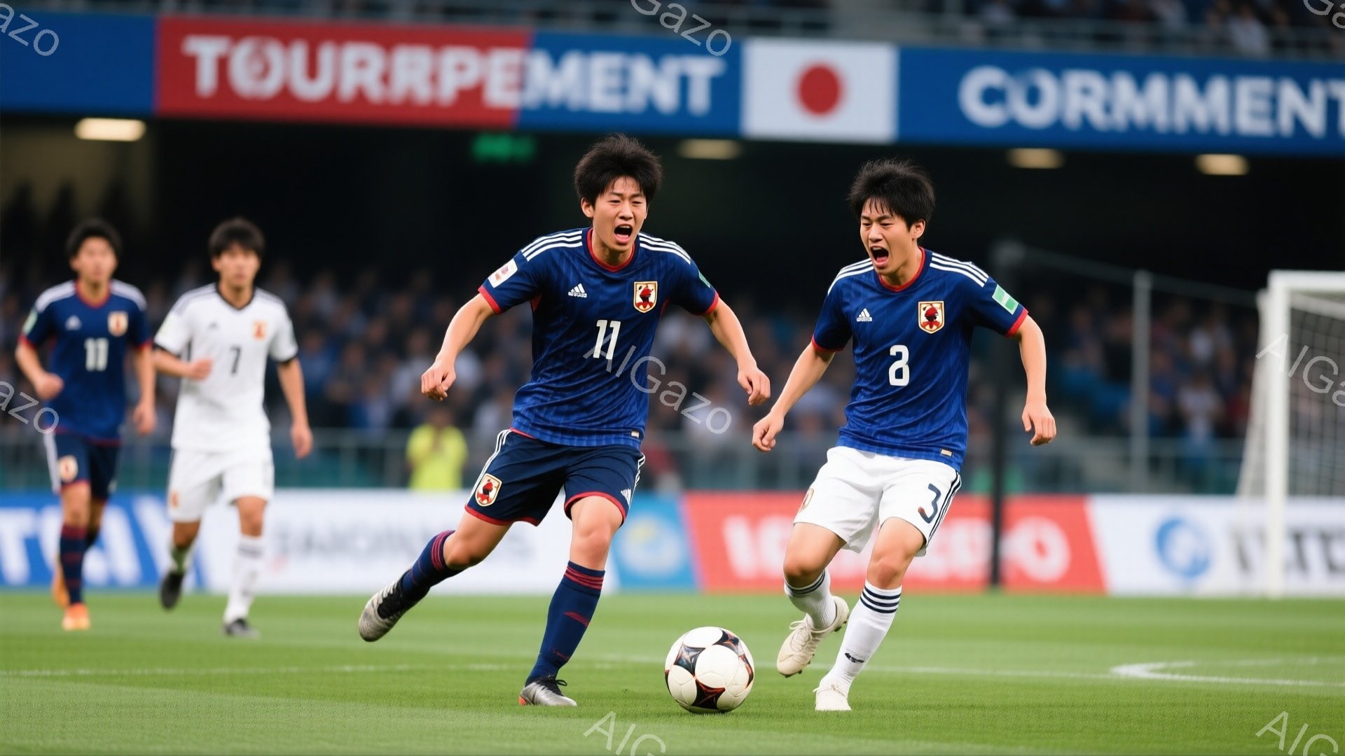 サッカーの試合中の様子で、日本のユニフォームを着た二人の選手がボールを追いかけている。11番の選手は強い表情でボールに集中しており、3番の選手はボールに近づこうと体を傾けている。背景には観客席が見え、夜間の試合であることがわかる。