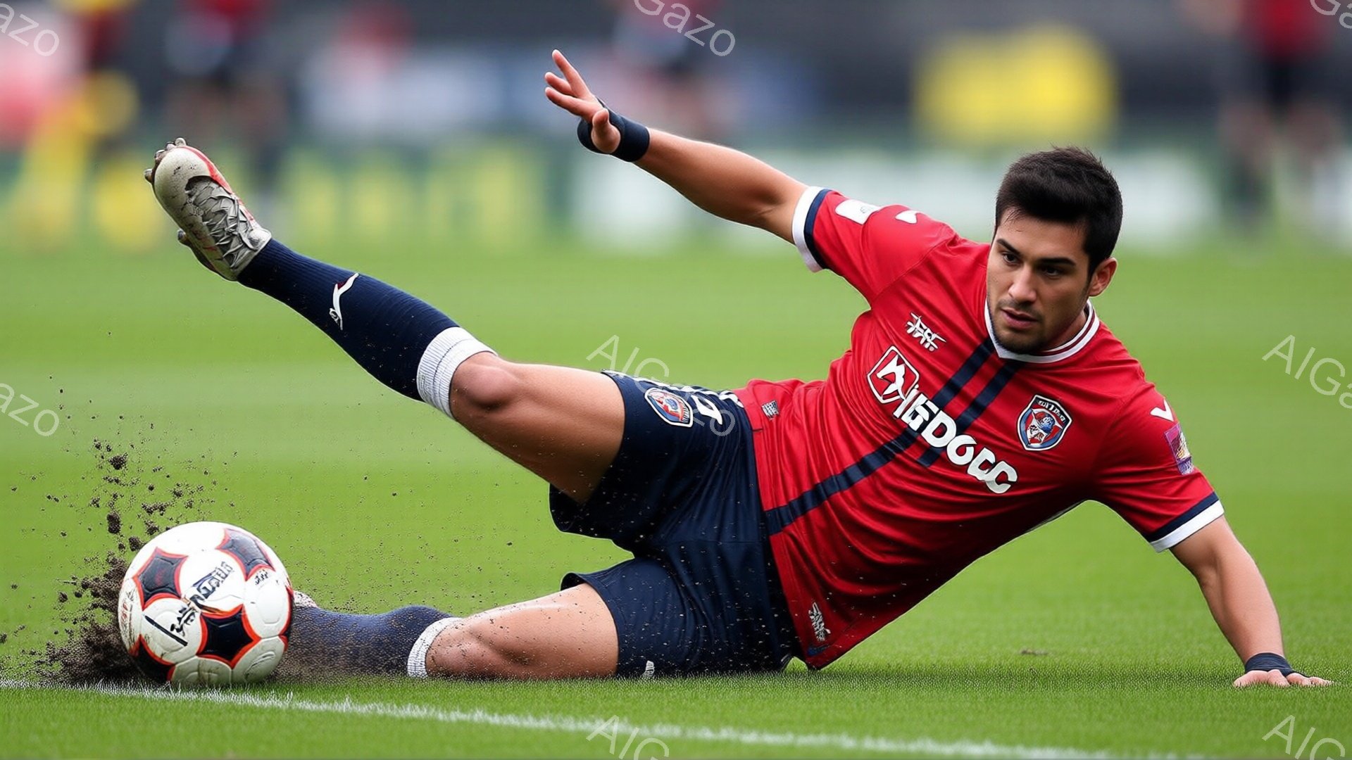 サッカー選手が芝生の上でボールを追いかけて滑っている様子が写っています。彼は赤いシャツと濃い青いショートパンツを着用し、左足は伸びてボールに触れようとしています。背景は緑の芝生で、天候は晴れで明るい雰囲気です。