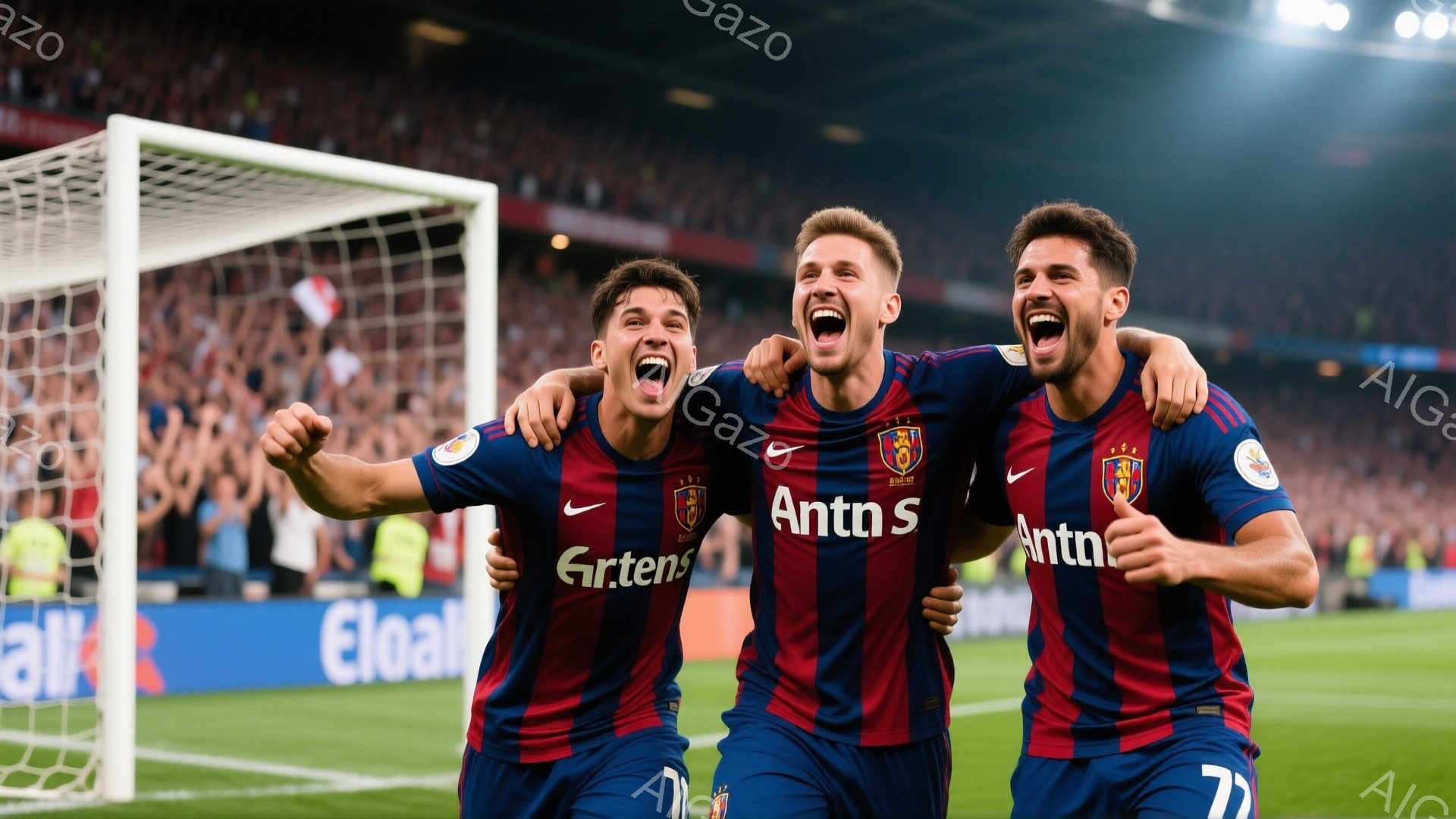 ３人のサッカー選手が喜びのあまり抱き合っている様子が写っている。彼らは赤いストライプが入った青いユニフォームを着ており、髪型は短髪で、顔には興奮と勝利の表情が見られる。背景には観客席と緑のサッカーフィールドが広がり、全体的に勝利の喜びと高揚感に満ちた雰囲気である。