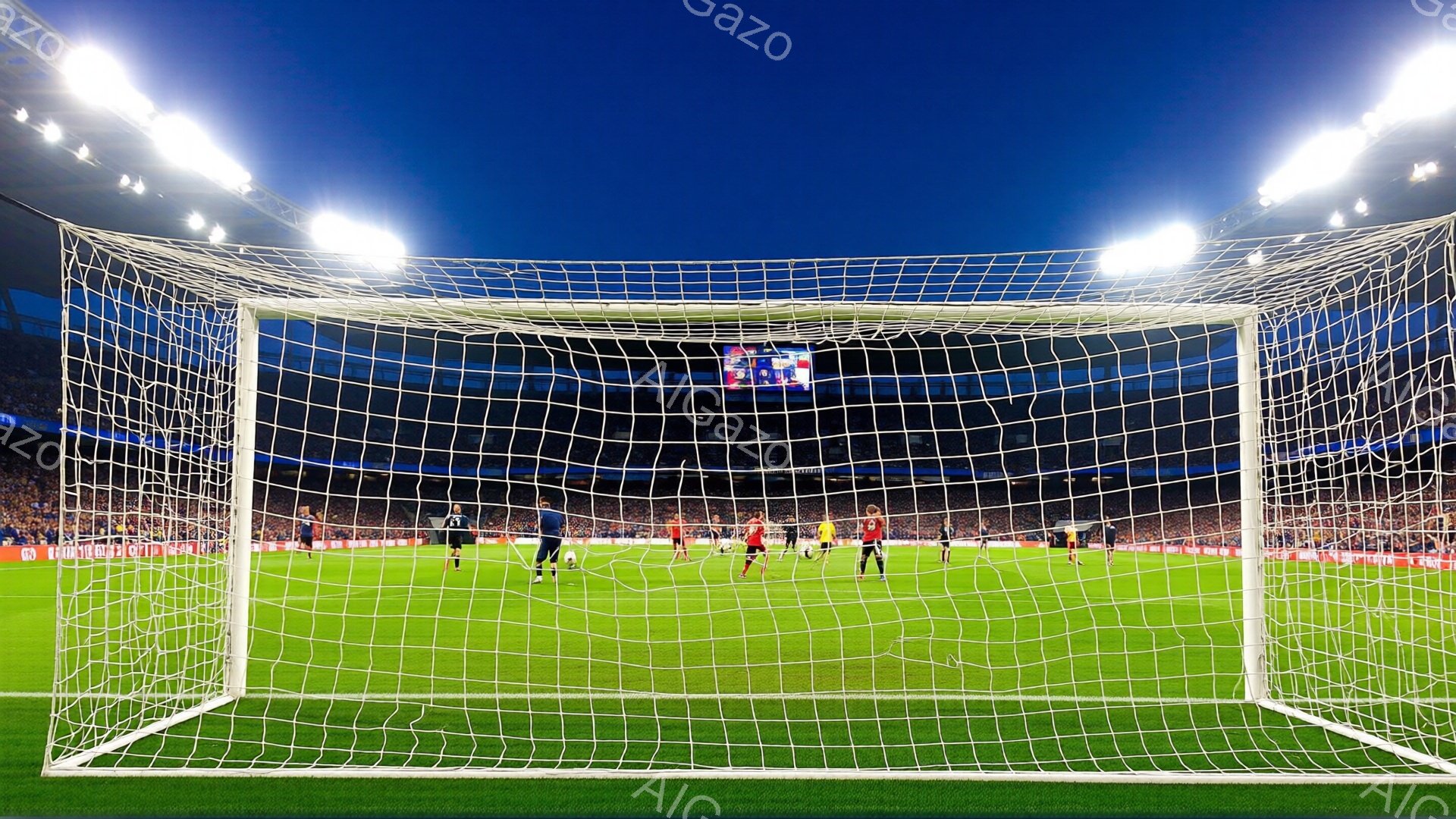 サッカーのゴールが画面いっぱいに広がっており、緑の芝生の上で選手たちが活動している様子が伺える。ゴールネットは白く、その向こうには赤いユニフォームを着た選手や、遠くには観客席が見え、スタジアムの熱狂的な雰囲気が伝わってくる。夜空の下、高々と設置された照明が明るく照らし出し、試合の臨場感を高めている。
