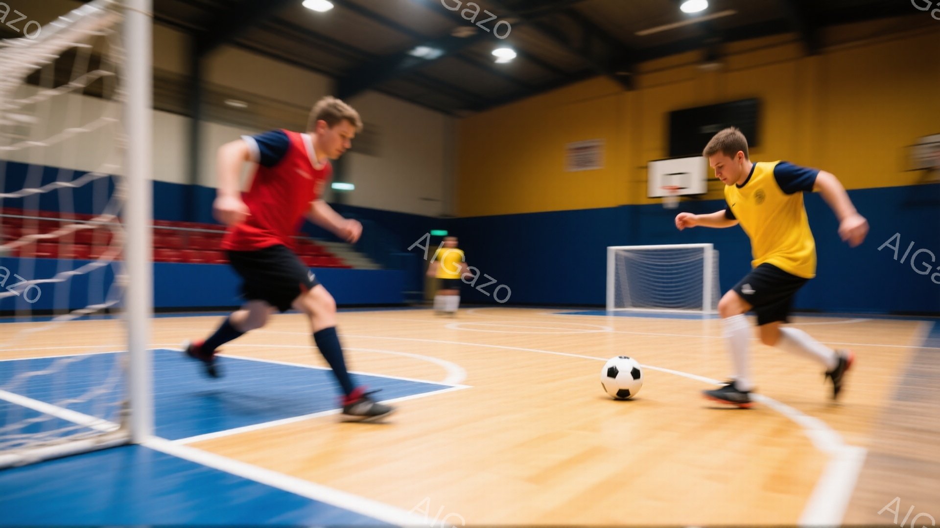 インドアサッカーコートで、二人の若い男性がボールを追いかけて走っている様子が捉えられています。片方は赤いシャツと黒いショーツ、もう片方は黄色いシャツと黒いショーツを着用し、どちらも短髪で、表情は真剣です。背景にはコートの壁と他のプレーヤーの姿が見え、全体的に活気のあるスポーツの雰囲気が漂っています。