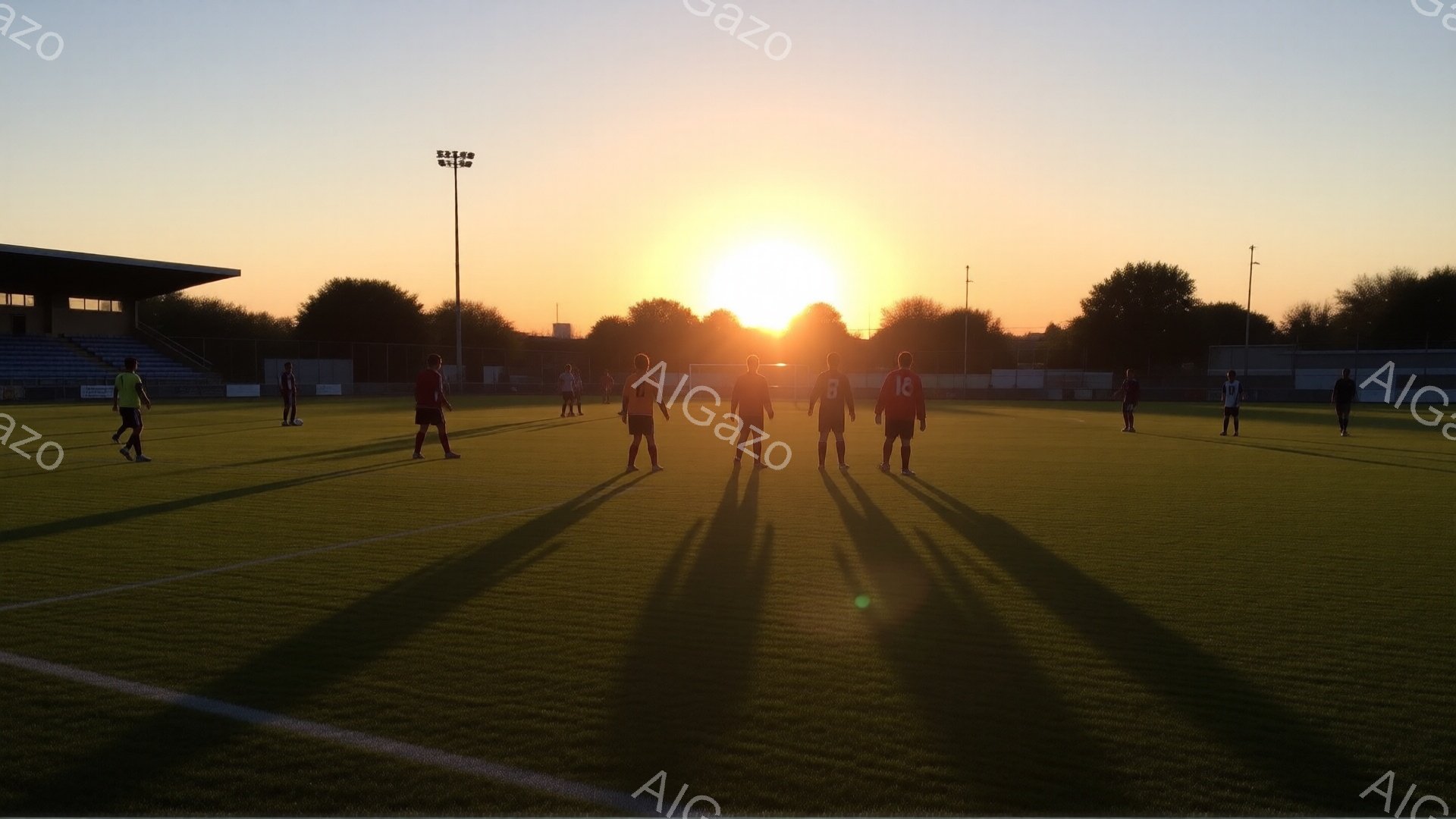 人工芝のサッカー場に、赤いユニフォームを着た選手たちが一列に並んでいる。夕焼けが背景に広がり、選手たちの影が長く伸び、温かい光に包まれている。観客席や木々が見え、穏やかで夕暮れ時のスポーツの雰囲気が漂っている。