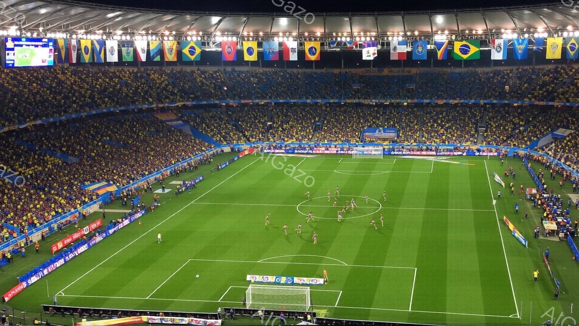 広大なサッカー競技場が写っており、緑の芝生の上で選手たちがプレーしている様子が確認できる。観客席はブラジルの国旗の色である黄色で埋め尽くされ、熱狂的な雰囲気が伝わってくる。スタジアム上部には様々な国の旗が掲げられており、国際的なスポーツイベントが行われていることを示唆している。