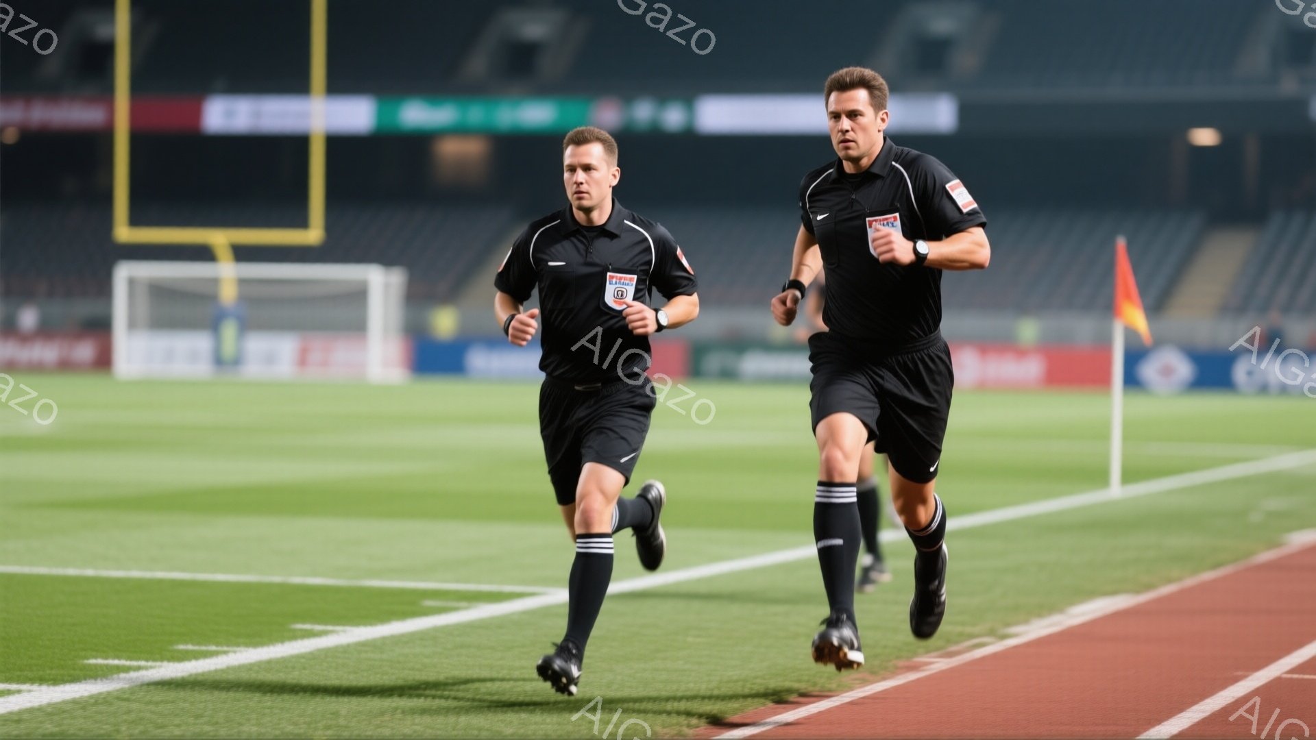 サッカーの試合の審判と思しき二人の男性が、緑の芝生グラウンドを並んで走っている。黒いユニフォーム、黒いソックス、黒いスパイクを着用し、腕には時計を付けている。背景にはトラック競技場とゴールネット、そして曇り空が見え、試合の緊張感が感じられる。