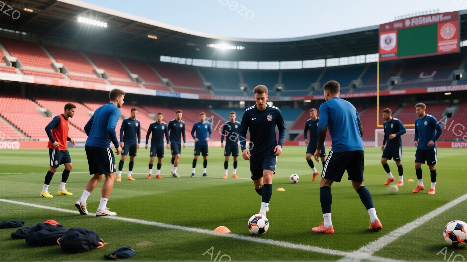 サッカー選手たちが緑の芝生の上でトレーニングをしている様子が写っています。彼らは濃い青色のトレーニングウェアと白い靴下を着用し、黒髪または短髪で、リラックスした表情をしています。背景には赤い座席で埋められた大きなスタジアムがあり、晴天の下、活気あるトレーニングの雰囲気が伝わってきます。