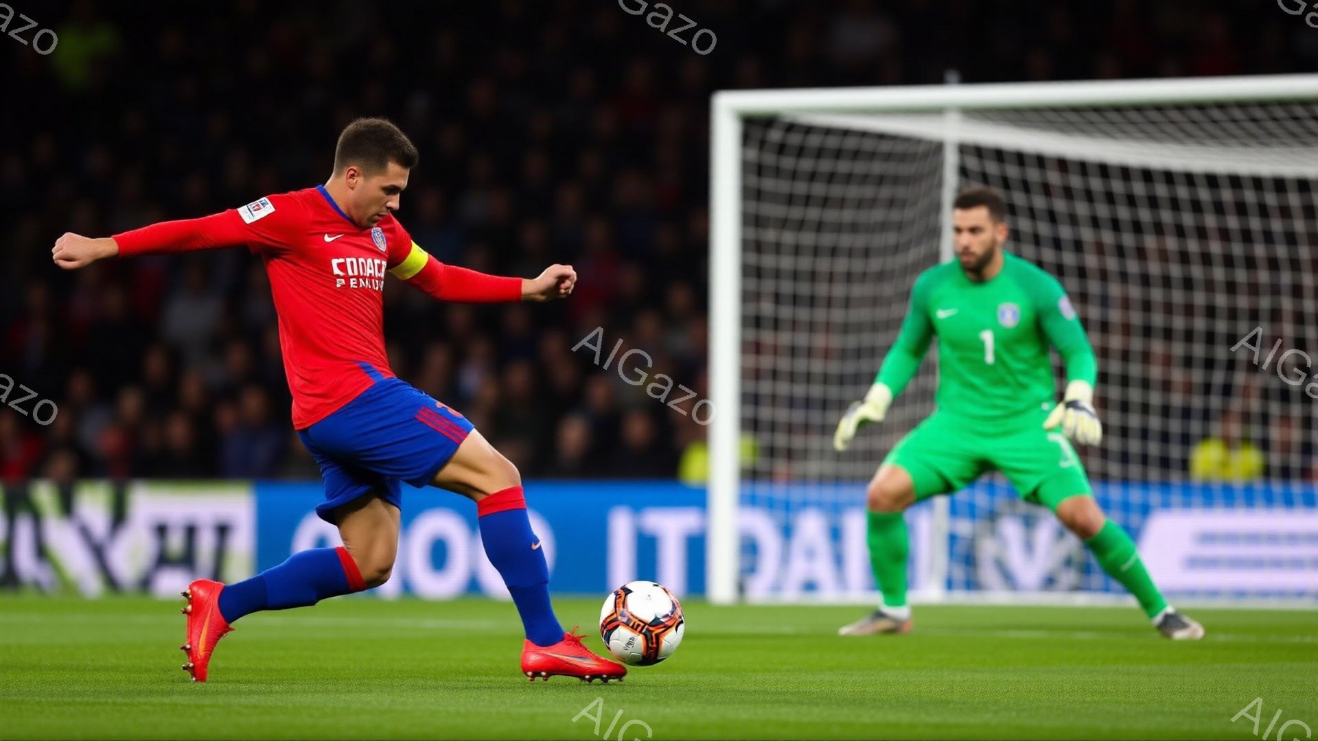 サッカーの試合中の様子で、赤いユニフォームを着た選手がボールを蹴り出そうとしています。選手は右足でボールに強く当てようと体を傾け、集中した表情をしています。背景には観客席と、緑の芝生が広がり、集中した試合の雰囲気が伝わってきます。