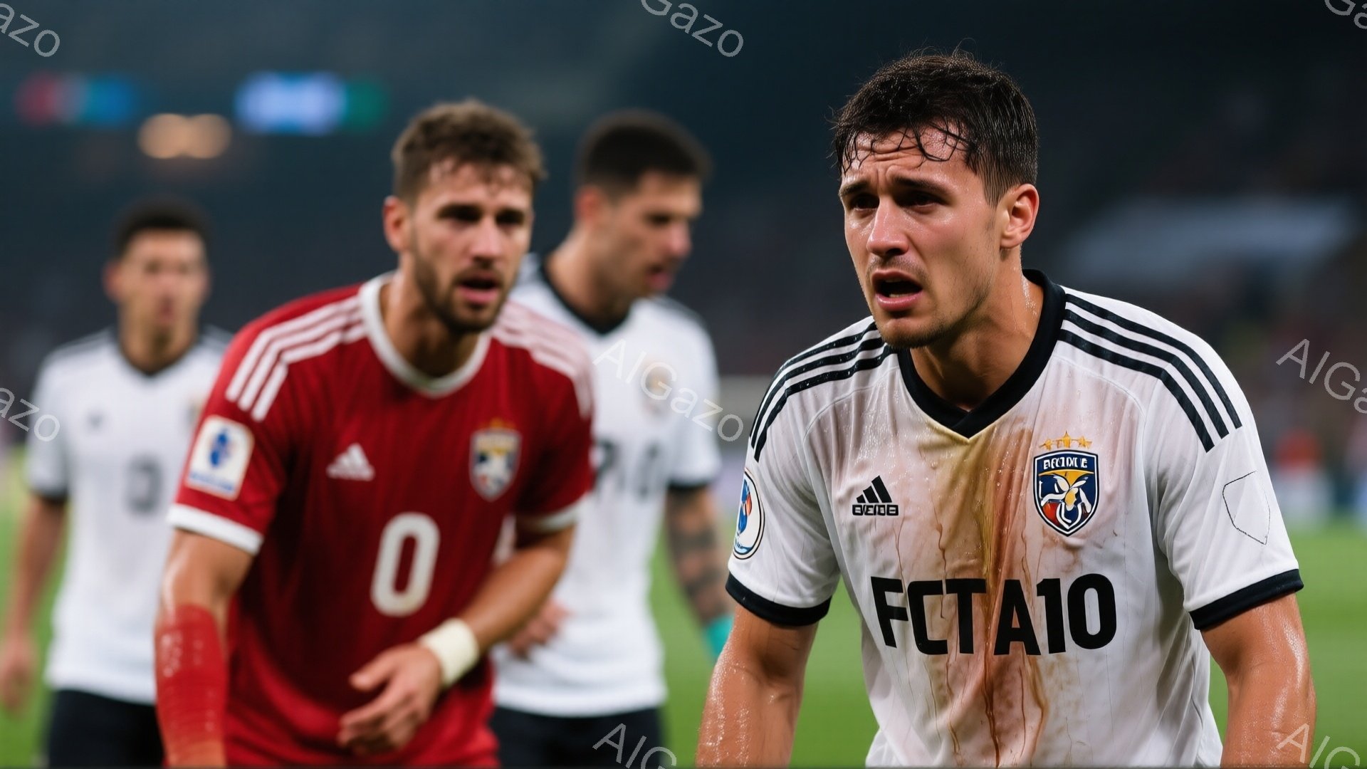 画像には、サッカーの試合中と思われる男性選手が写っている。彼は黒と白のストライプのユニフォームに「FCTA10」と書かれており、汗と泥で汚れている。背景には他の選手たちがぼんやりと写っており、全体的に激しい試合の雰囲気が伝わる。