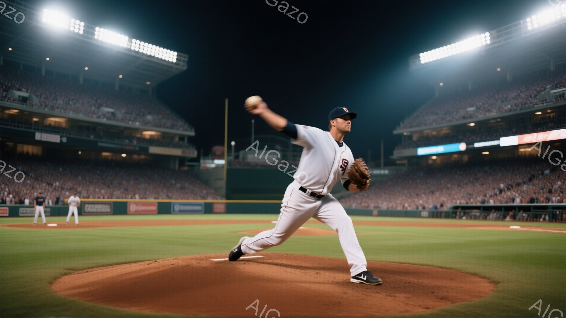 野球選手がマウンド上で投球動作をしている写真です。白のユニフォームと帽子を着用し、力強いフォームでボールを投げようとしています。背景には観客席が広がり、夜間の試合であることがわかります。