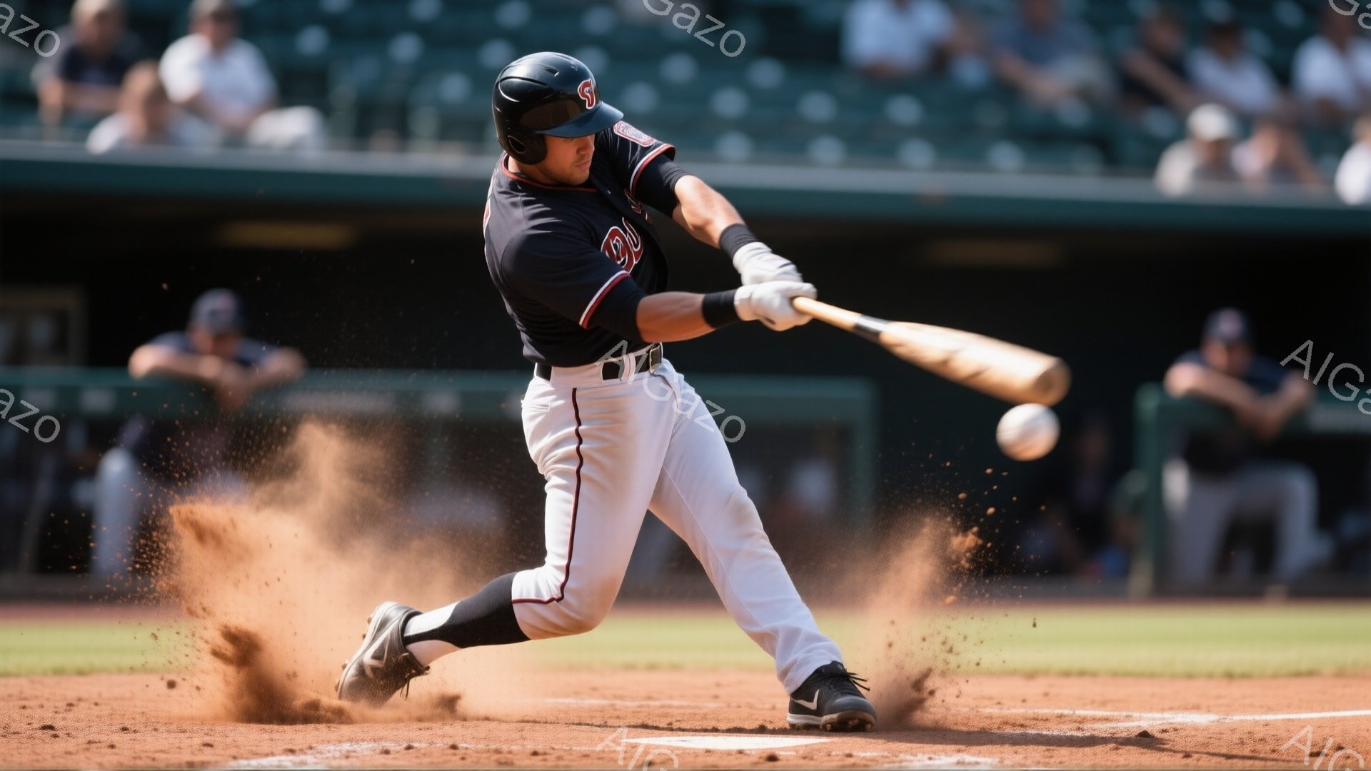 野球選手がバッティングをしている瞬間を捉えた写真です。黒いヘルメットを被り、赤いシャツと白いズボンを着用し、力強くバットを振っています。土が舞い上がり、背景には緑の芝生と観客席が見え、晴れた日の活気ある野球場の雰囲気が伝わってきます。