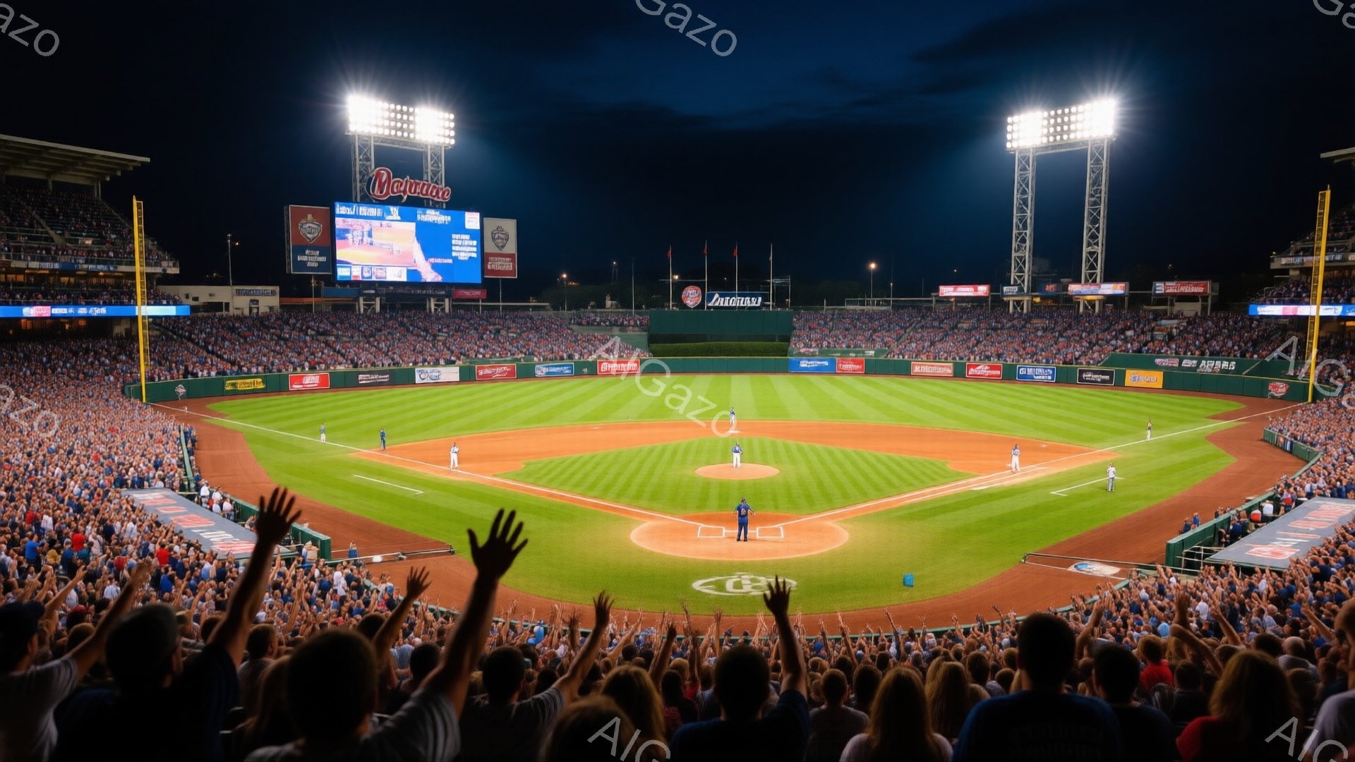野球場は観客で埋め尽くされ、興奮と熱気が感じられる夜の試合の様子だ。観客は主に青い服を着ており、手を高く上げて選手を応援している。背景には、照明が輝くスタジアムの建物と、夜空が広がり、全体的に活気と感動に満ちた雰囲気である。