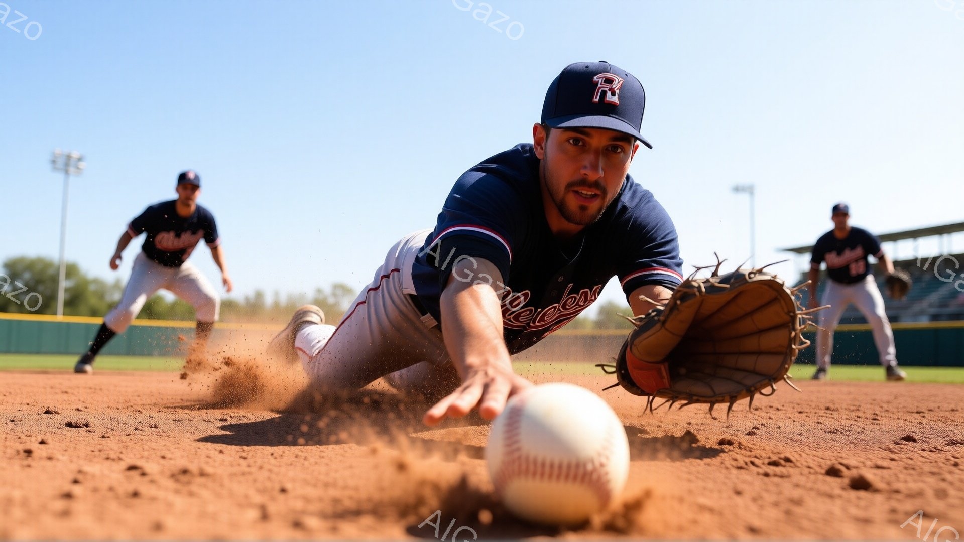 野球選手が土埃を巻き上げながら、ダイビングキャッチを試みています。彼は紺色のユニフォームとキャップを着用し、真剣な表情でボールに手を伸ばしています。背景には、青空の下、他の選手や観客席が見え、活気のある野球場の雰囲気が伝わってきます。