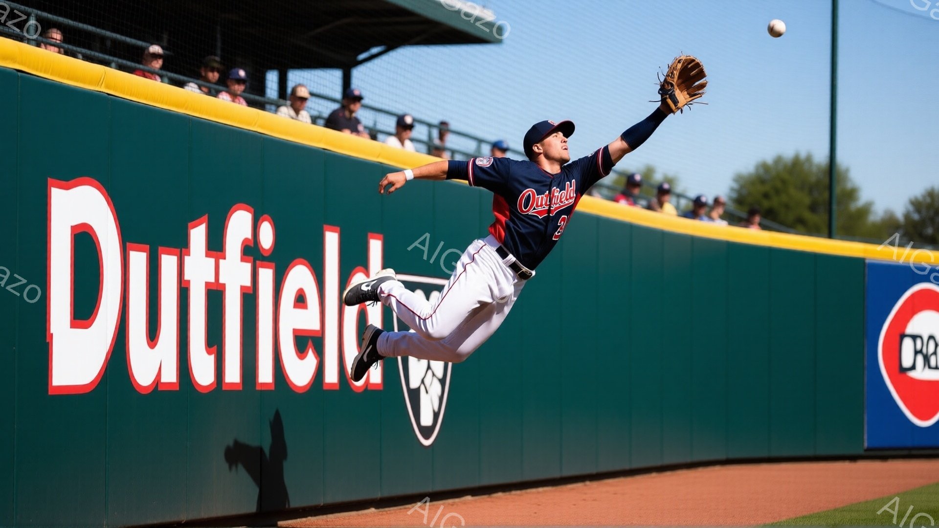 野球選手が緑色のフェンスの前でダイビングキャッチを試みています。彼は青と赤のユニフォーム、帽子を着用し、空中で体を大きく広げた姿勢でボールを掴もうとしています。背景には観客席が見え、晴天の下、野球場の活気ある雰囲気が伝わってきます。