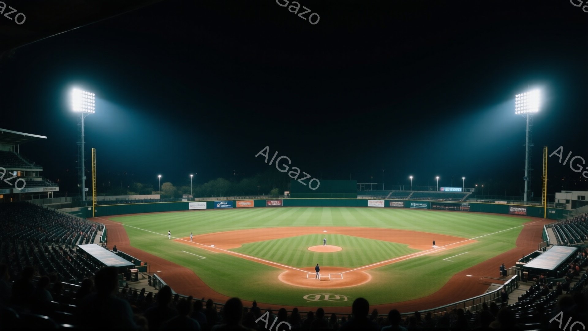 野球場は夜間に照らされており、緑豊かな芝生と赤土のフィールドが際立っている。フィールド上には数人の野球選手がおり、投手はマウンド上で投球の準備をしているように見える。観客席は人影で埋め尽くされ、背景には建物と暗い夜空が広がり、活気ある試合の雰囲気が伝わってくる。