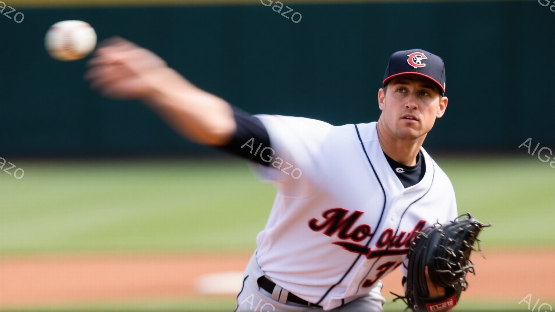 野球選手が投球動作中です。白いユニフォームに赤い装飾が施され、帽子を被っています。背景は緑色の芝生とオレンジ色の土のグラウンドで、晴天の日の試合のようです。