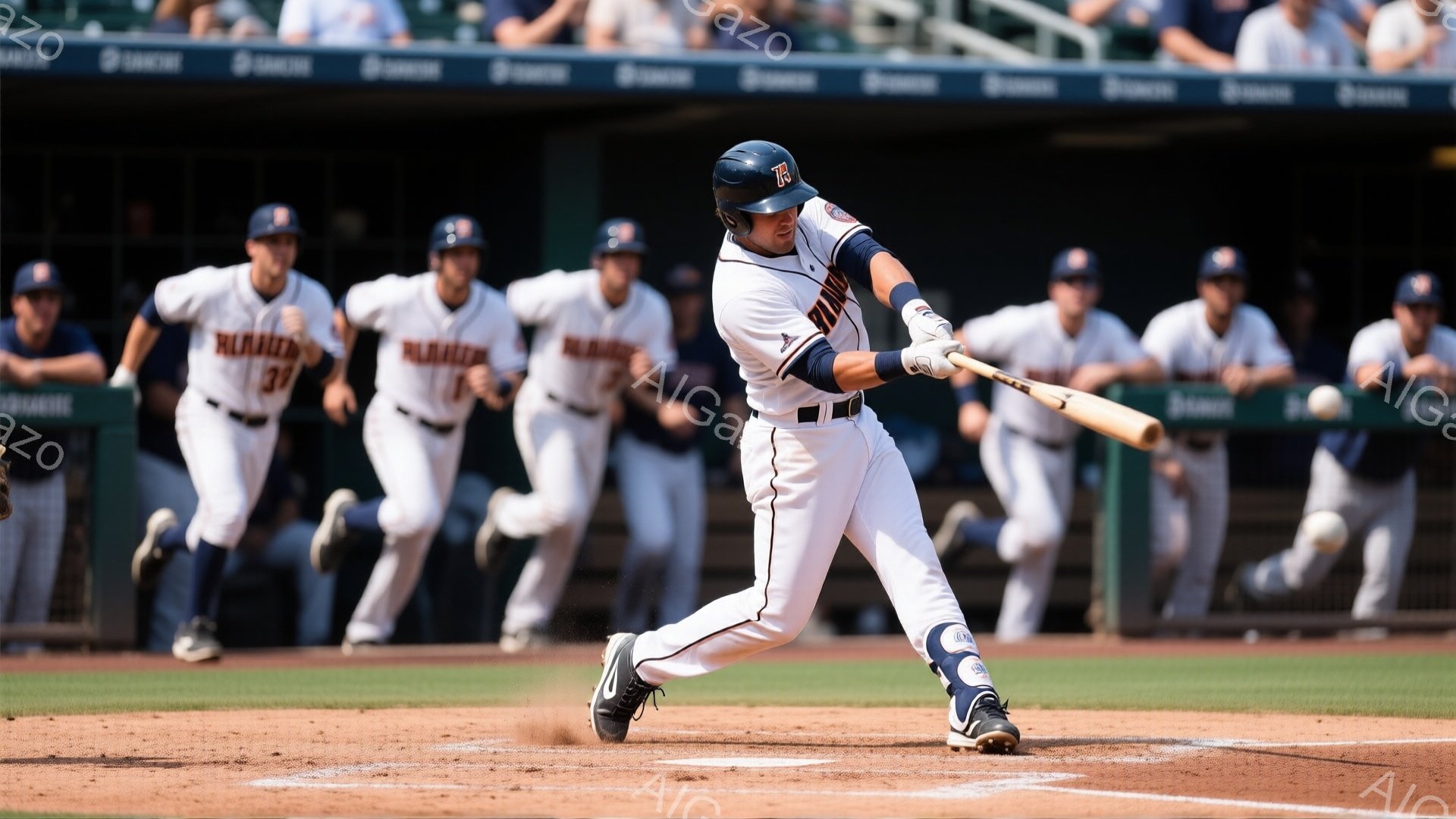 野球選手がバッティングをしている様子が写っている。彼は青と白を基調としたユニフォームを着用し、ヘルメットを被り、バットを力強く振りかぶっている。背景には他の選手たちが走り、晴天の下、野球場全体が活気に満ちている。