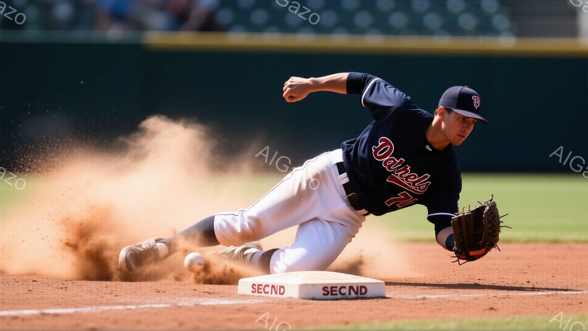 野球選手がセカンドベースへスライディングしている様子が写っている。紺色のユニフォームに白のパンツを着用し、帽子を被っている。土埃が舞い上がり、ダイナミックな動きと競技場の活気を捉えている。 - AI生成フリー素材
