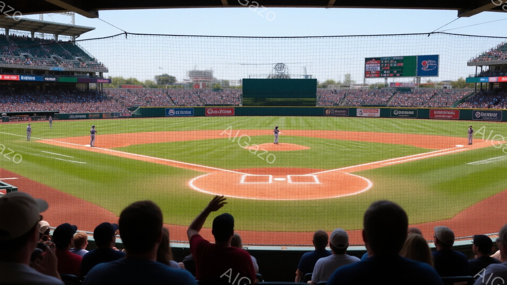 野球場からの眺めで、緑色のグラウンドの中央に一人の選手が投手として立っている。観客席は多くの観客で埋め尽くされ、赤いシャツを着た観客の一人が手を上げて喜んでいる様子が見える。背景には建物や木々が見え、晴天の下、活気ある試合の雰囲気が伝わってくる。