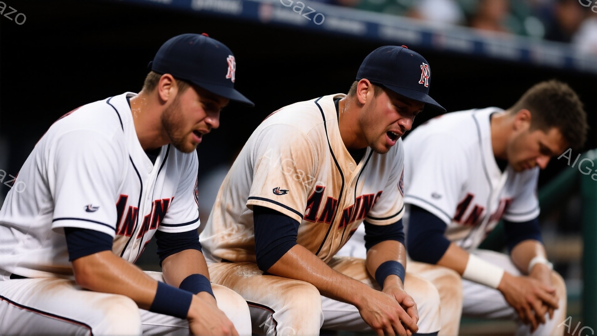 野球の選手3人がベンチに座り、疲労困憊した様子で肩を落としています。彼らはベージュと濃い青色のユニフォーム、ベースボールキャップを着用し、汗をかいているのが分かります。背景にはぼやけた観客席と暗いスタジアムの構造が見え、試合後の静寂な雰囲気が漂っています。