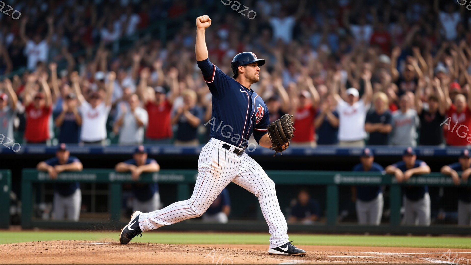 野球選手が投球後、力強く腕を上げている様子が写っている。彼は紺色と赤のストライプのユニフォーム、帽子を着用し、土埃が舞う土の上に立っている。背景には観客席が埋め尽くされ、熱狂的な応援の雰囲気が伝わる。