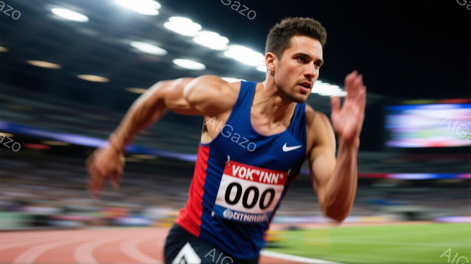 競技場を疾走する男性ランナーが写っている。彼は赤いストラップと青いボディスーツのユニフォームを着ており、髪は短く整えられ、集中した表情をしている。背景には観客席とトラックの赤いレーンが見え、競技場の熱 - AI生成フリー素材