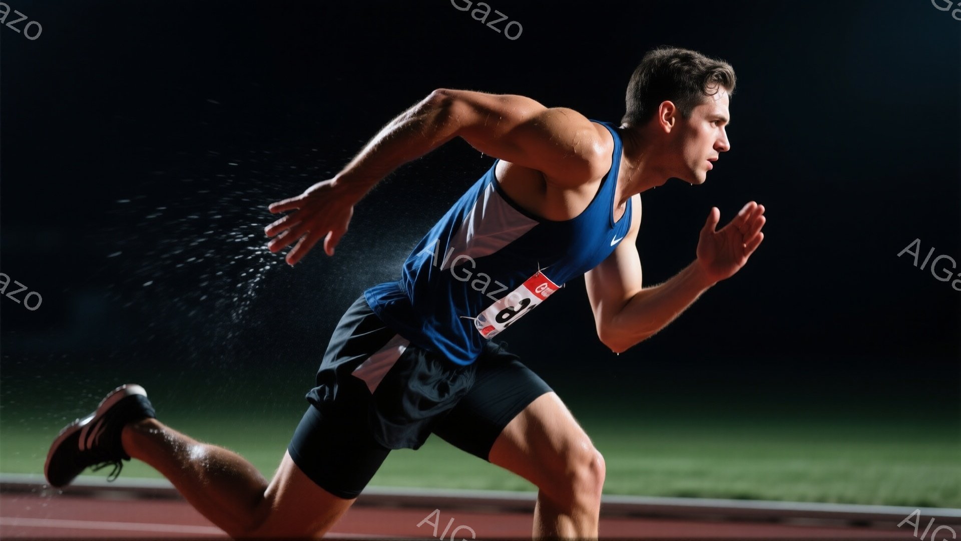 青いタンクトップと黒い短パンを着用した男性が、競技場で走り抜けている姿が捉えられている。彼の表情は真剣で、筋肉質な身体と力強い姿勢が躍動感を際立たせている。背景は暗く、競技場のトラックがぼやけており、 - AI生成フリー素材