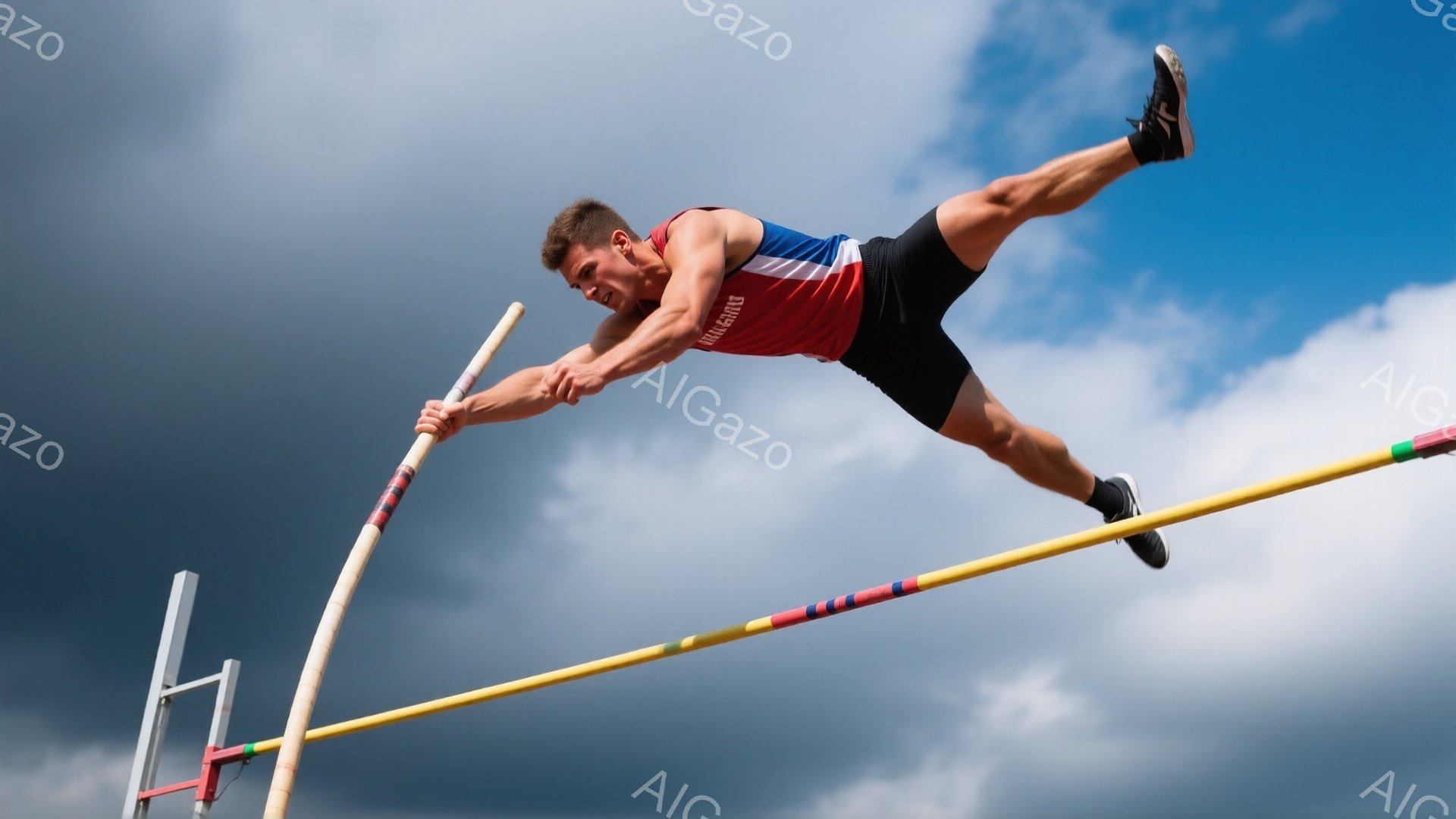 空中を高く跳躍する競技者の写真です。彼は赤いタンクトップと黒いショーツを着用し、筋肉質な体を露わにしています。背景には、青い空と重厚な雲が広がり、競技場の金属製の支柱が見えます。