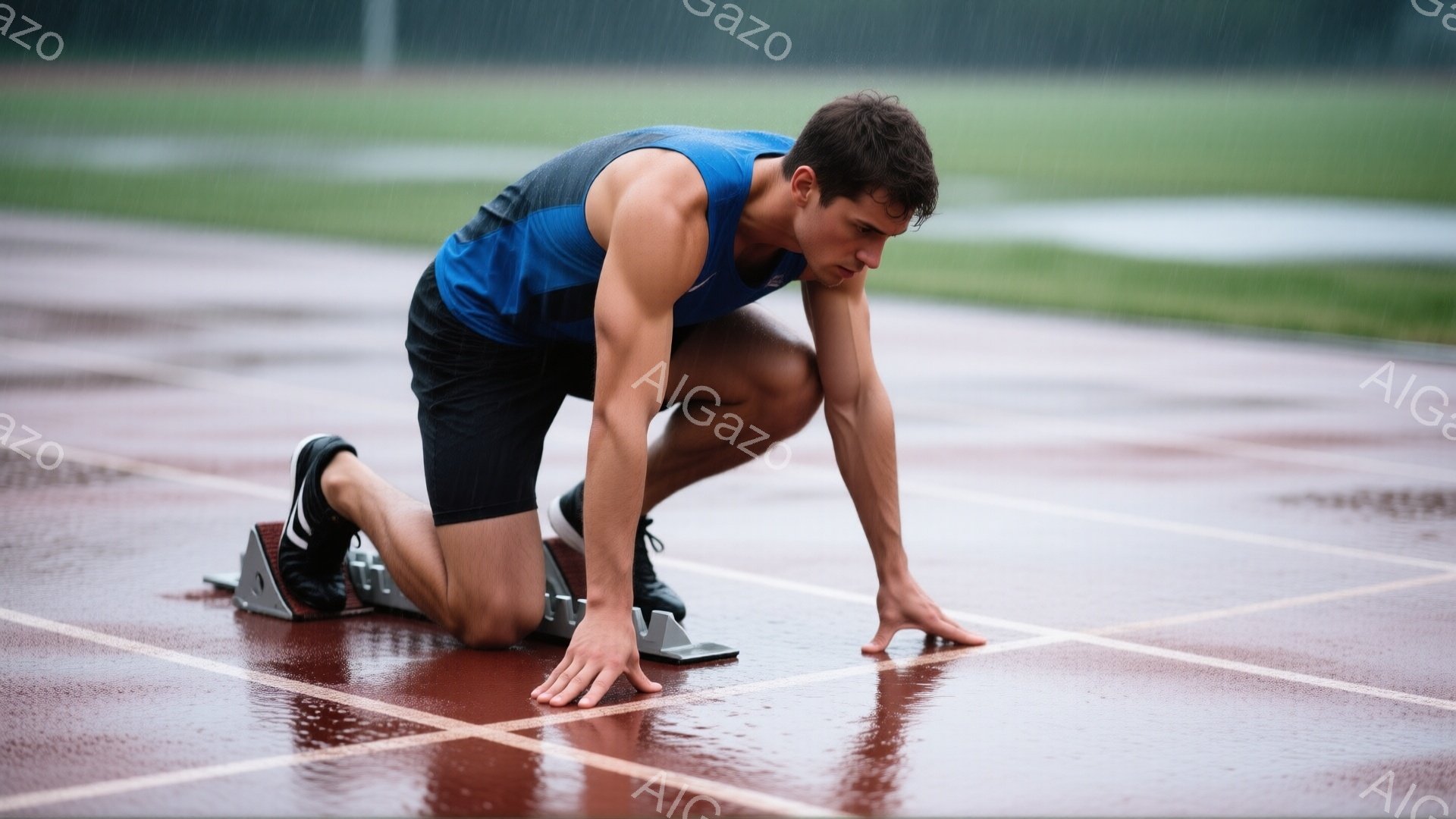 男はトラックのスタートラインに身構え、競技前の緊張感が伝わってくる。青いタンクトップと黒のショートパンツを着用し、短髪で引き締まった表情をしている。背景は雨に濡れたトラックと、ぼやけた緑の植生であり、全体的に集中と決意の雰囲気が漂っている。