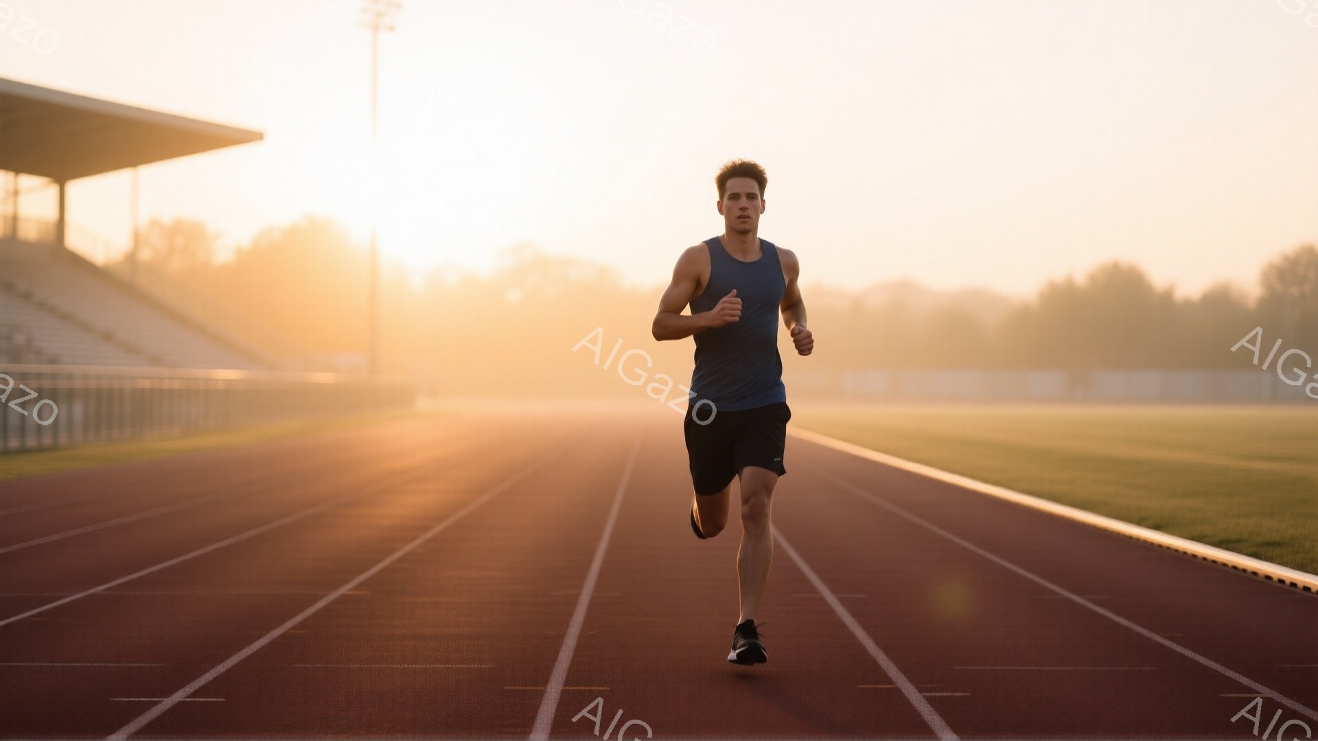 トラックを走る男性は、黒のショーツとノースリーブのシャツを着ており、短髪で引き締まった表情をしている。トラックは赤色の合成素材で、白いラインで区切られている。背景には観客席と朝焼けの空が広がり、穏やかで活気のある雰囲気を作り出している。