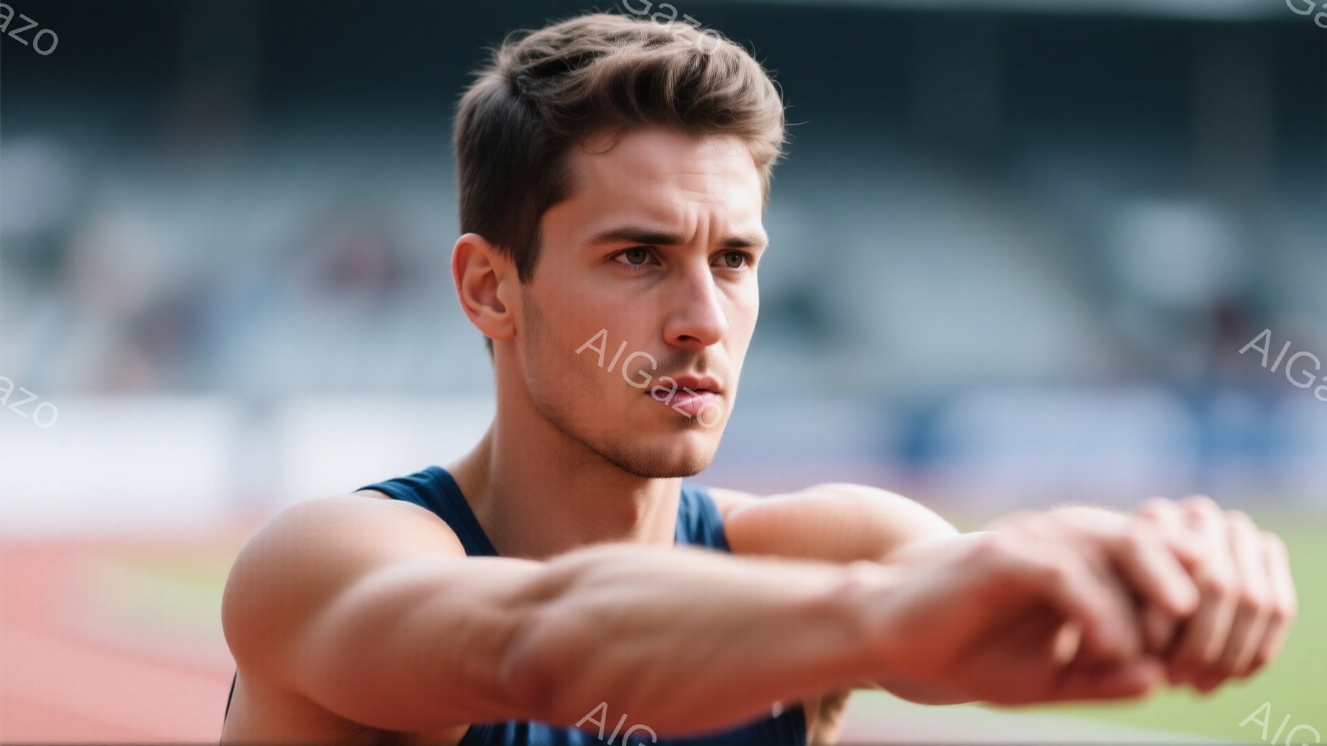 若い男性アスリートが競技場のトラックに立っており、ストレッチをしている様子が写っている。彼は濃い青色のタンクトップを着ており、短く整えられた茶色の髪をしている。背景には観客席がぼやけて見え、天候は晴れ - AI生成フリー素材