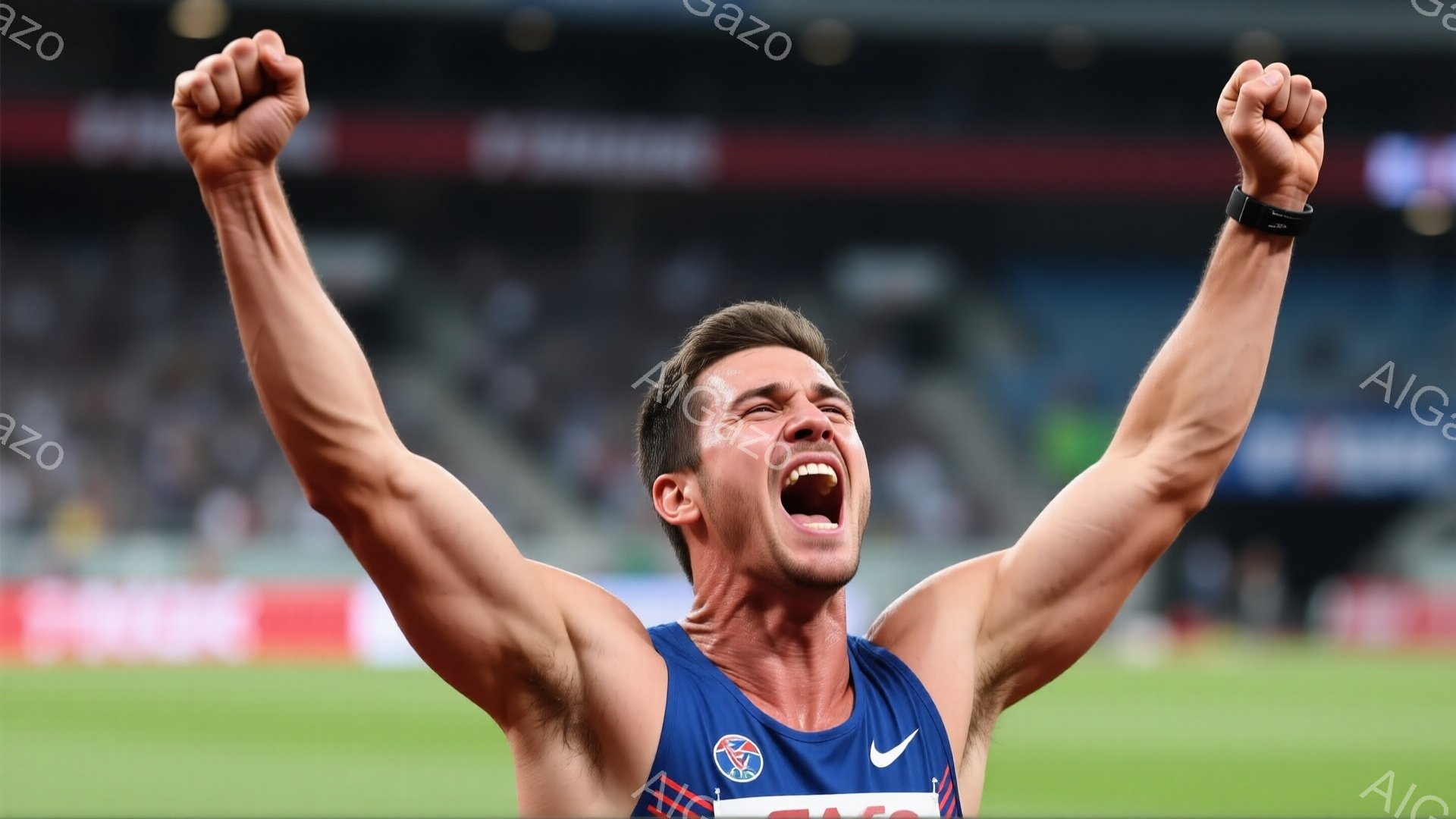 競技場内で、青いタンクトップと赤いショーツを着用した男性が両手を高く上げて勝利を叫んでいる。彼は短髪で、顔は興奮と達成感で満ち溢れており、筋肉質な体格がよくわかる。背景には緑の芝生と観客席が見え、明るい晴天のもと、勝利の瞬間を捉えた躍動感のある写真である。