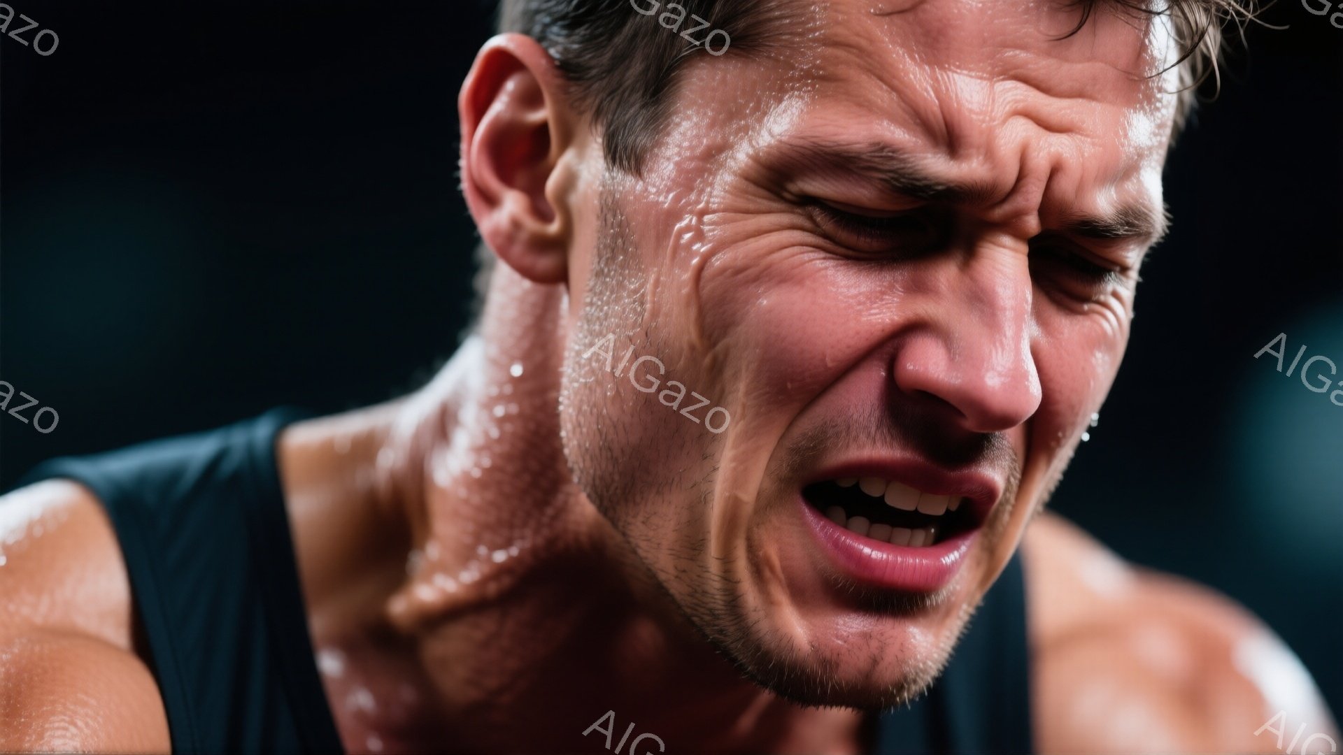 筋肉質な男性が、激しい運動の最中に写っている。彼は黒いタンクトップを着ており、汗で濡れた顔には苦悶の表情が浮かび、口は大きく開いている。背景は暗く、集中を強調し、アスリートの限界に挑む激しい雰囲気を作り出している。