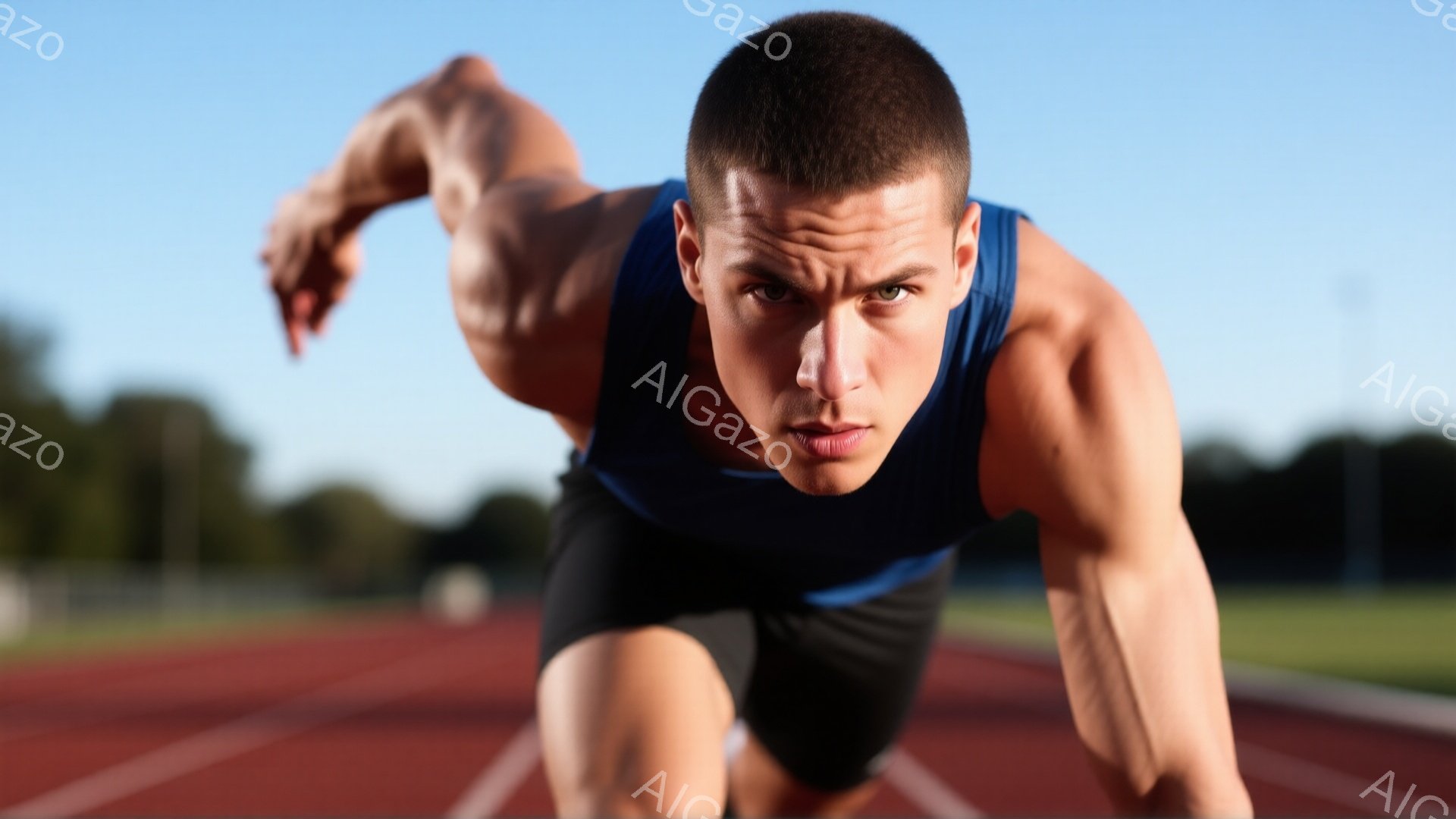 青いタンクトップと黒い短パンを着用した男性が、トラックのスターティングブロックに腰を下ろし、前傾姿勢でスタートの構えを取っています。彼の表情は真剣で集中しており、強い意志が感じられます。背景には緑豊かな風景と晴れた青空が広がり、活気のある競技の雰囲気を醸し出しています。