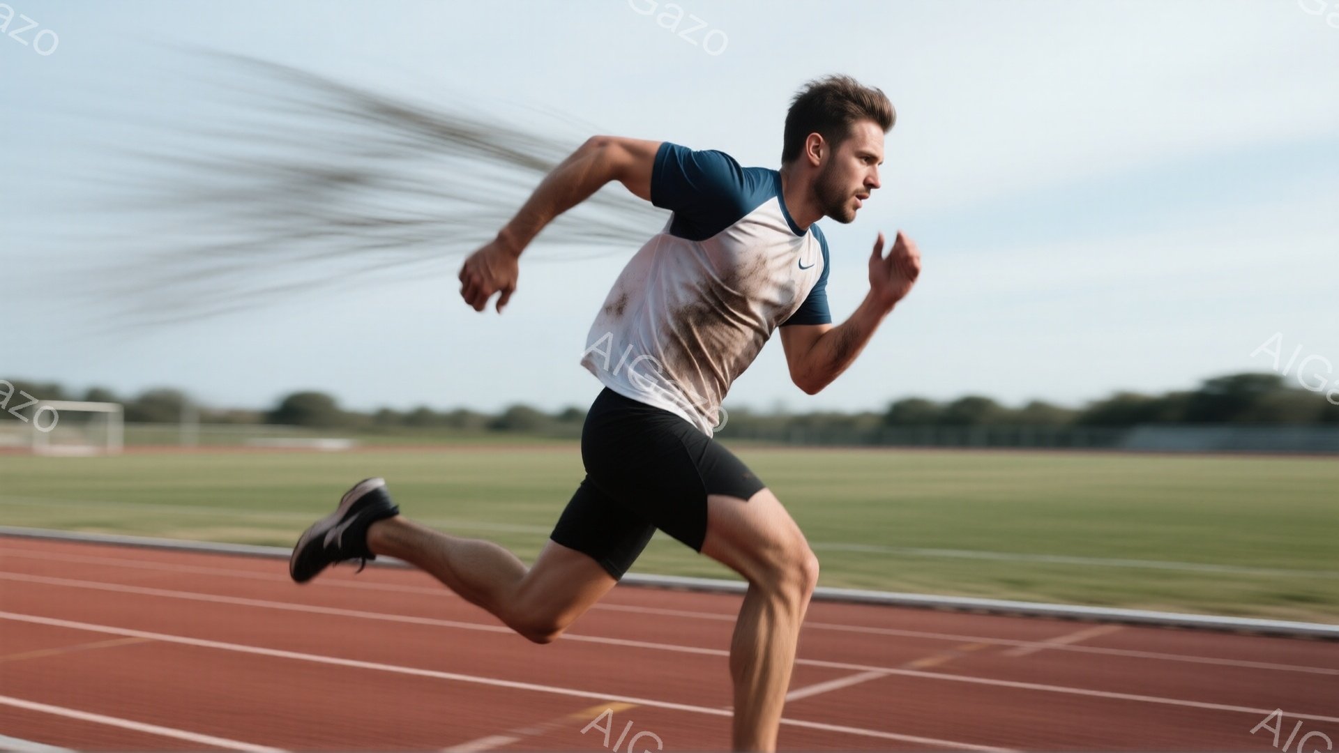 男は競技場で走っている。彼は青と白のシャツと黒いショーツを着ており、顔は真剣な表情をしている。背景には緑豊かな風景と赤いトラックがあり、スピード感と運動の活力を表現している。