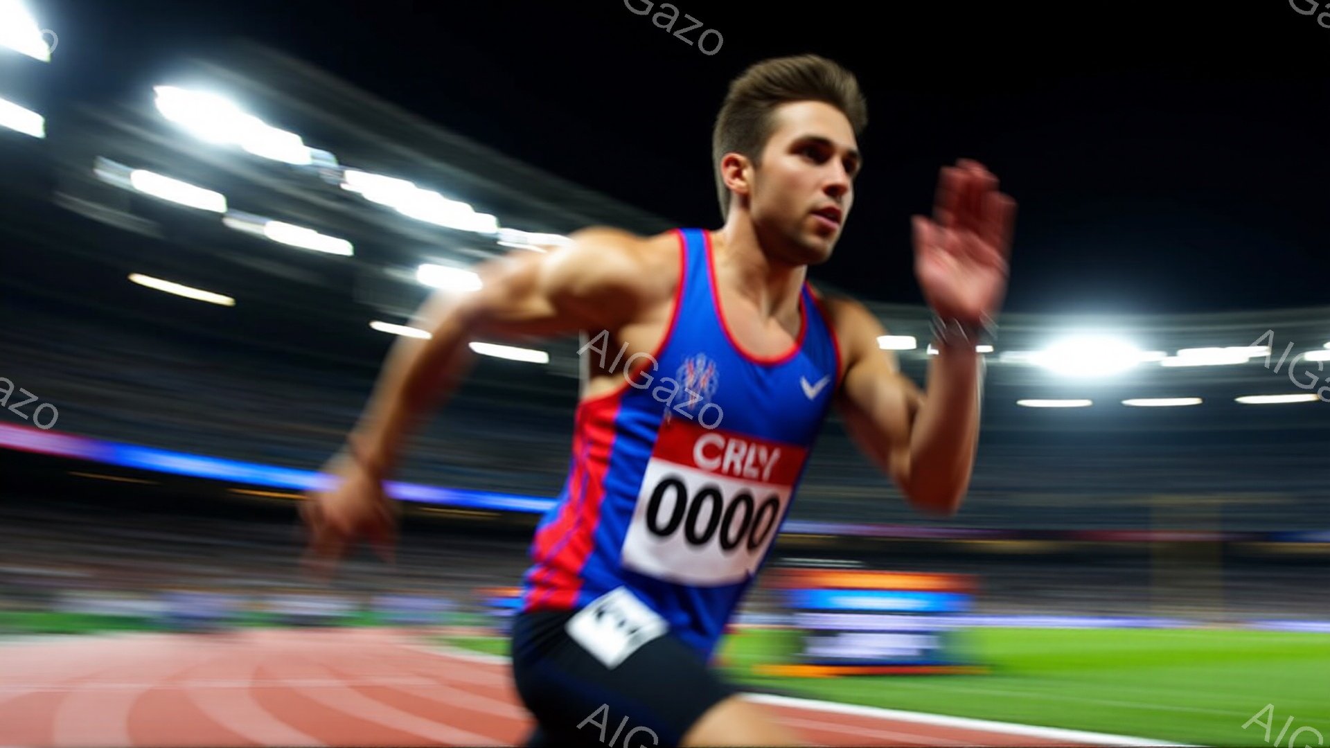 赤と青のタンクトップを着た男性競技者が、競技トラックを走っている様子が捉えられている。彼は短髪で、集中した表情で前を見据え、右腕を振り上げ、力強く走り出している。背景には観客席とぼやけた照明が見え、夜 - AI生成フリー素材