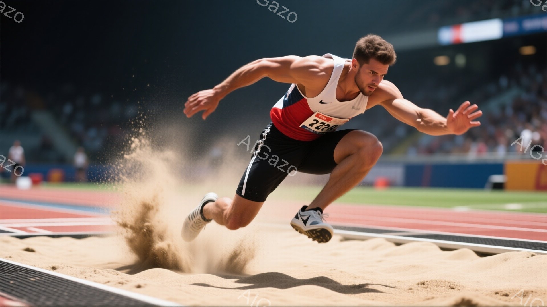 競技場内で、陸上競技の選手がジャンプの瞬間を捉えられています。彼は黒と白の陸上競技ウェアに、胸に番号「228」を付けており、筋肉質な体格で、強い集中力に満ちた表情をしています。背景にはトラック、砂場、そしてぼやけた観客席があり、晴天の下、躍動感あふれるスポーツの瞬間を捉えています。
