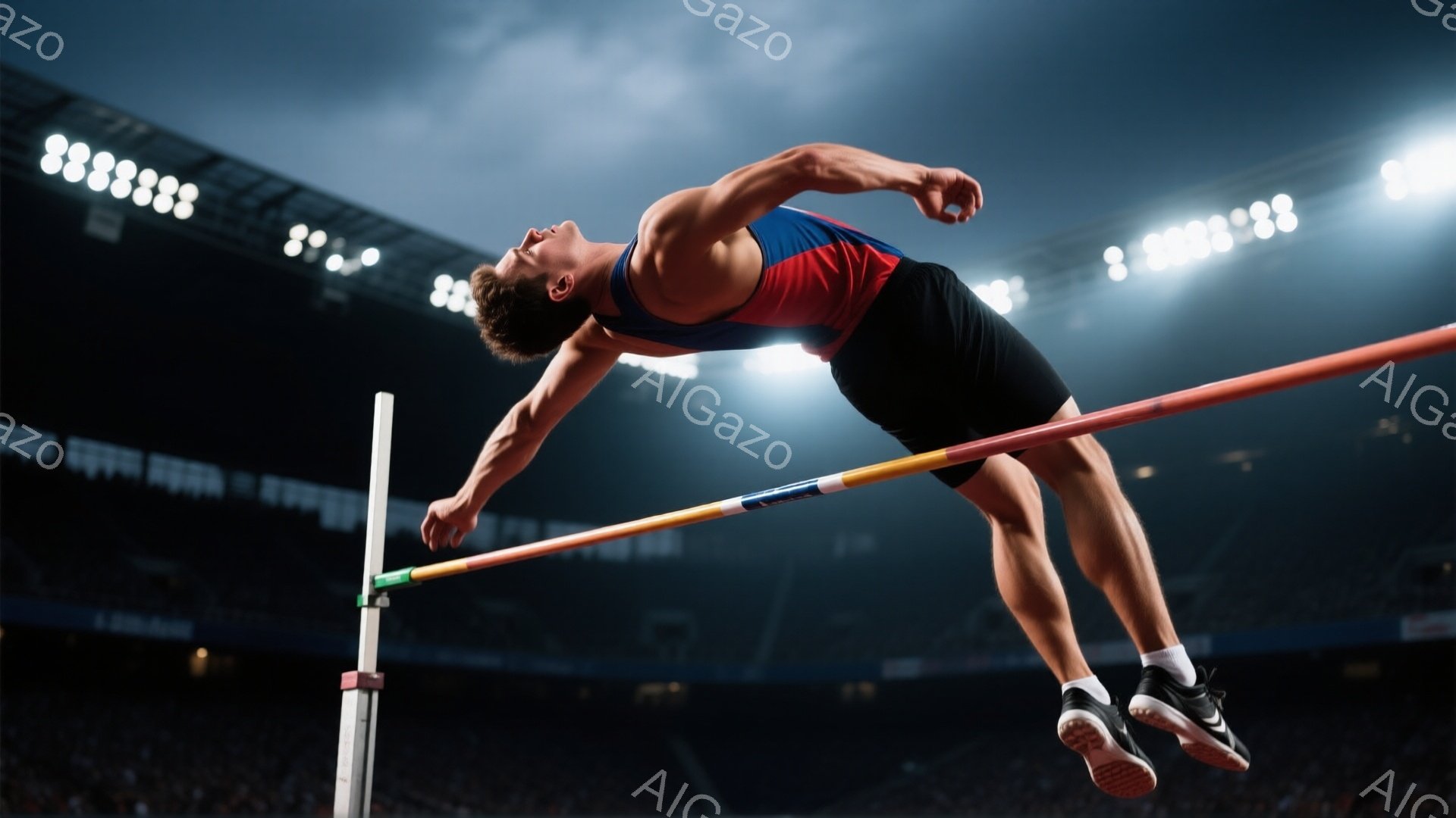競技者は、高く掲げられたバーを飛び越えようとしています。彼は赤と黒のタンクトップと黒い短パンを着用し、髪は短くカールしています。背景には、観客席と競技場の照明が見え、躍動感と緊張感のある雰囲気が漂っています。