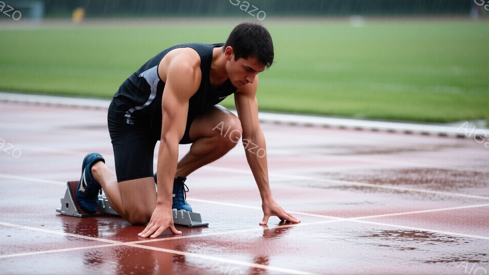 男子は黒のタンクトップと黒のショートパンツを着用し、青いランニングシューズを履いています。彼はスタートラインにうずくまり、両手を地面につけて、レースの開始を待っている姿勢です。背景には赤いトラックと緑 - AI生成フリー素材