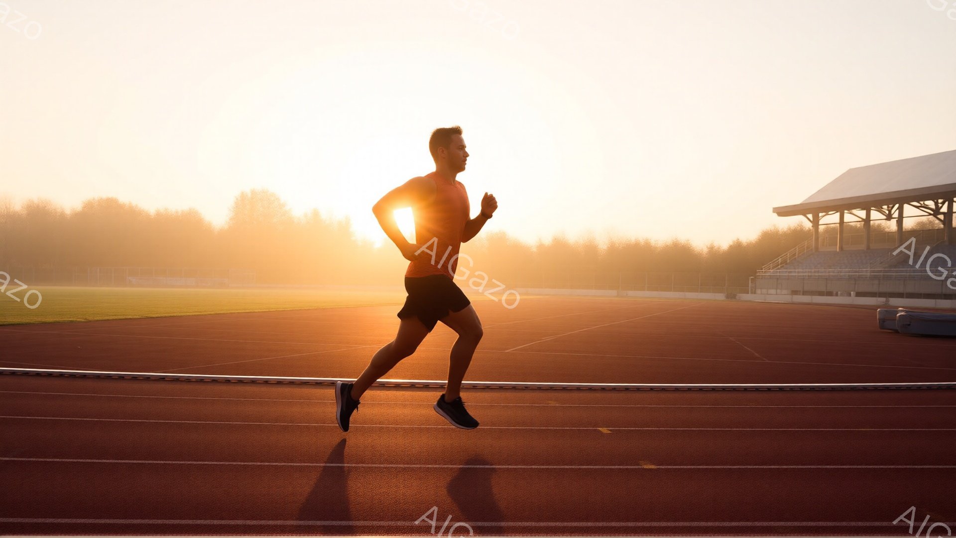 オレンジ色のトラックを走る男性が写っている。彼は黒いショートパンツとオレンジ色の半袖シャツを着ており、短髪で、走ることに集中している様子が窺える。背景には観客席と遠くの木々が見え、朝日が差し込み、全体的に活気があり、エネルギッシュな雰囲気である。