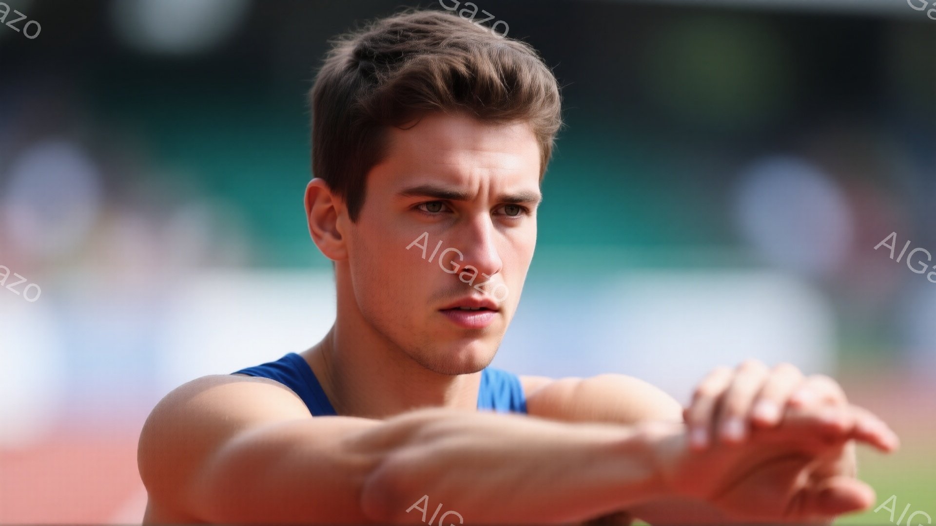 若い男性アスリートが競技場のトラックに立っており、左腕を伸ばしてストレッチを行っている。青いタンクトップを着ており、短く整えられた茶色の髪を持ち、真剣な表情で前方を見据えている。背景にはぼやけたトラックと観客席が見え、晴れた日の競技会が行われているような雰囲気である。