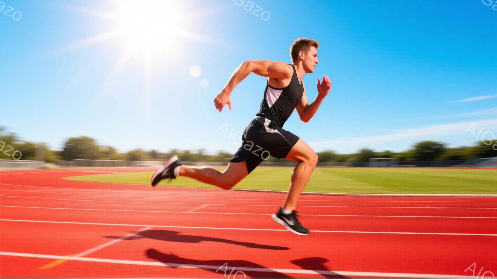 男はトラックを走っている最中で、黒いタンクトップと短パンを着用し、左足を持ち上げて疾走している。背景には緑の芝生と木々が見え、晴れた青空の下、太陽が強く照らしている。 全体的に、運動する男性の躍動感と夏の日の活気を感じさせる写真である。