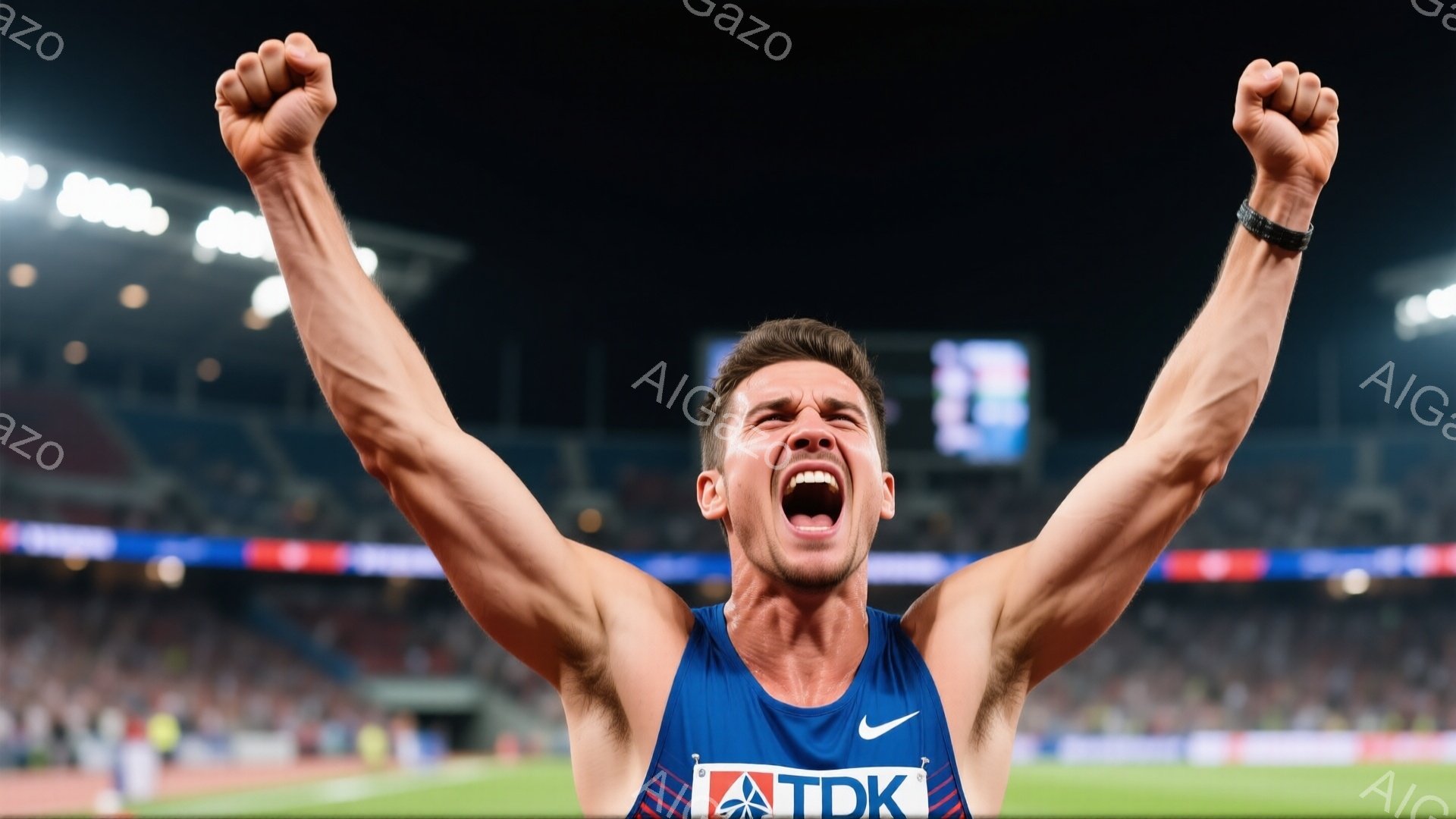 青いタンクトップと黒のショーツを着た男性競技者が、両腕を天高く上げ、勝利の雄叫びをあげています。彼の表情は興奮と喜びで満ち溢れ、筋肉質な体躯がよくわかります。背景には観客席と夜空が広がり、競技場の照明が競技者を照らし出しています。