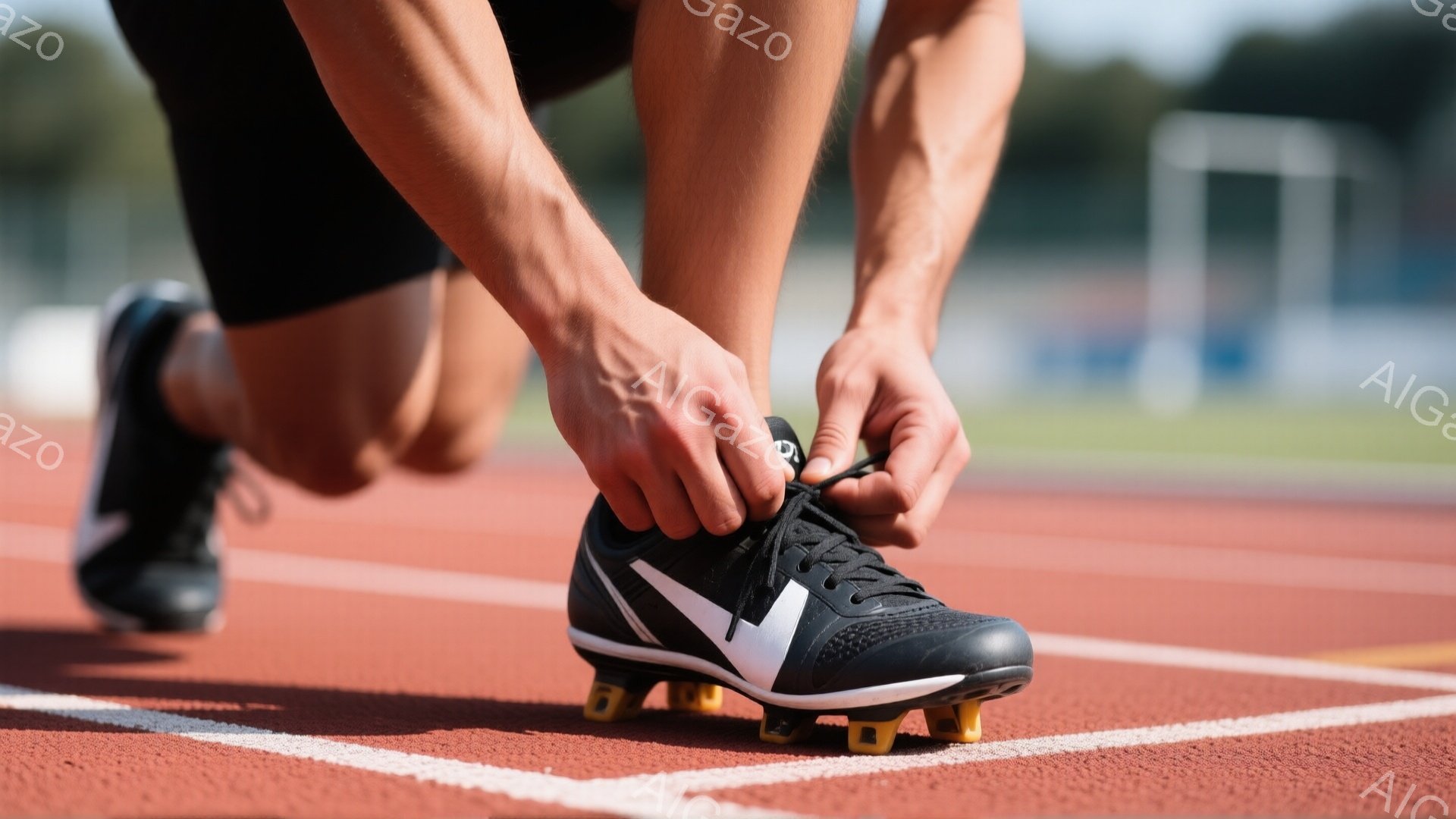 赤い陸上競技トラックのレーン上に、黒いスパイクシューズを履いた人物の足元が写っている。その人物は片膝をつき、スパイクの靴紐を結んでいる途中であり、集中した様子が伺える。背景には緑豊かな木々や建物が見え、晴天の下、競技への準備をしている様子を表している。