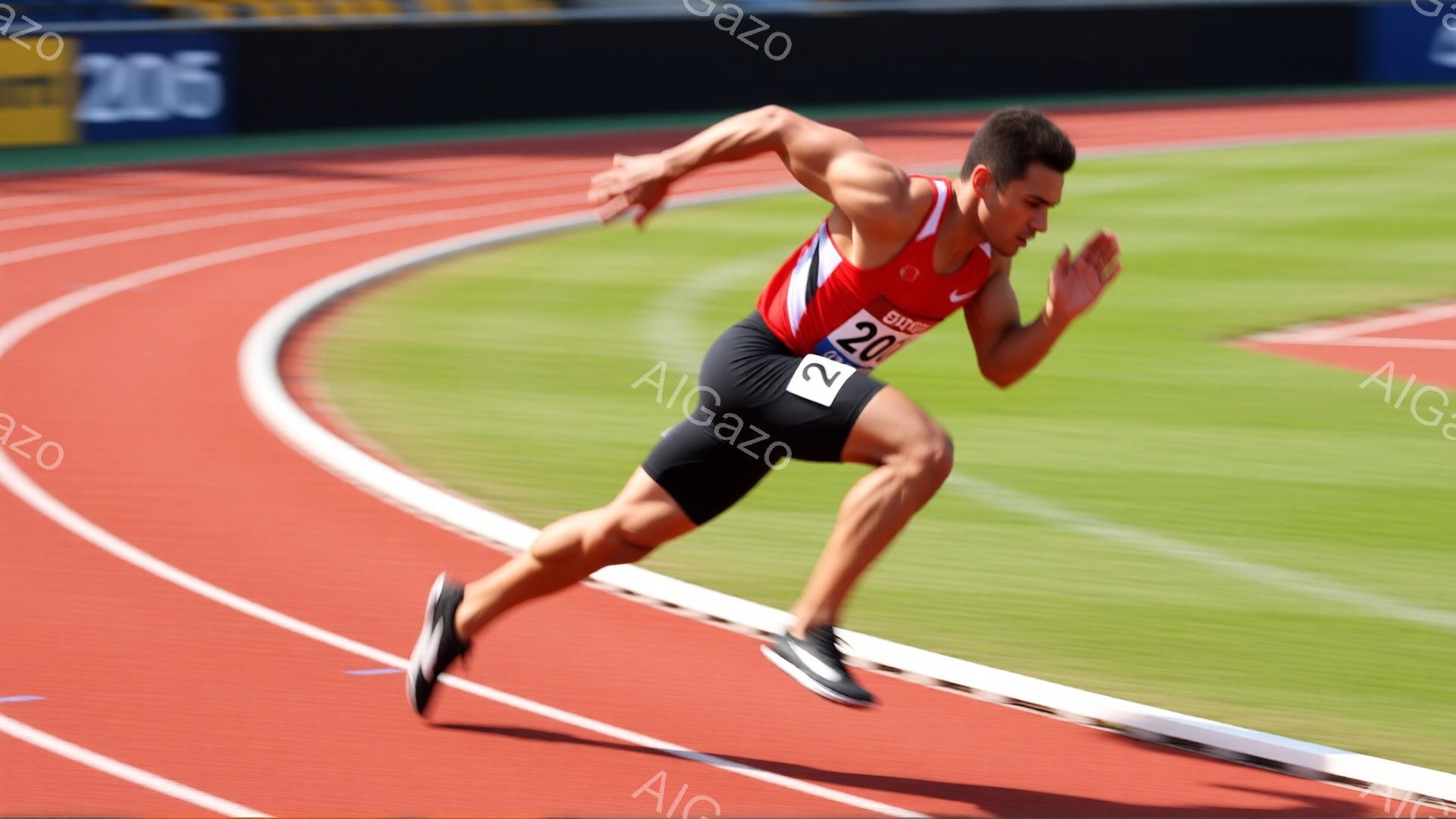 競技場内のトラックを走る男性の姿が写っている。彼は赤いタンクトップと黒いショーツを着用し、力強く前進している。背景には緑の芝生とトラックが広がり、晴天の下、活気ある競技の雰囲気が伝わってくる。