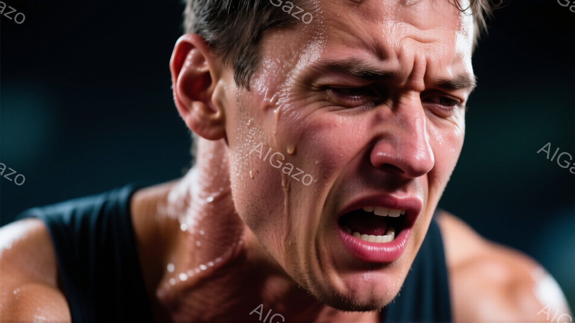 汗にまみれた男性が、息を切らしながら何かを叫んでいる様子が写っている。彼はタンクトップを着ており、筋肉質な肩と首が露わになっている。背景は暗く、集中線を彷彿とさせる光が彼の表情を強調しており、苦悩と決意が入り混じった激しい雰囲気を醸し出している。