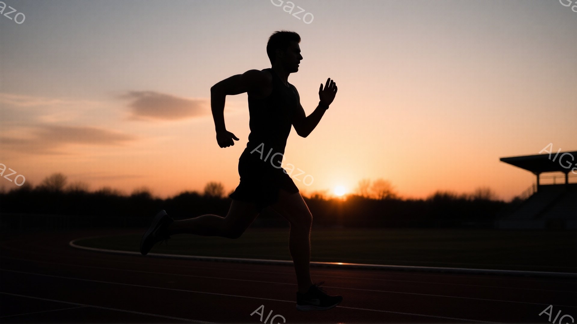 競技場を走る男性のシルエットが捉えられています。彼は黒いランニングウェアを着用し、力強く前進する姿勢で、集中した表情をしているように見えます。背景には夕焼けが広がり、空と地平線がオレンジと赤の色合いで染め上げられており、活気とエネルギーに満ちた雰囲気を醸し出しています。